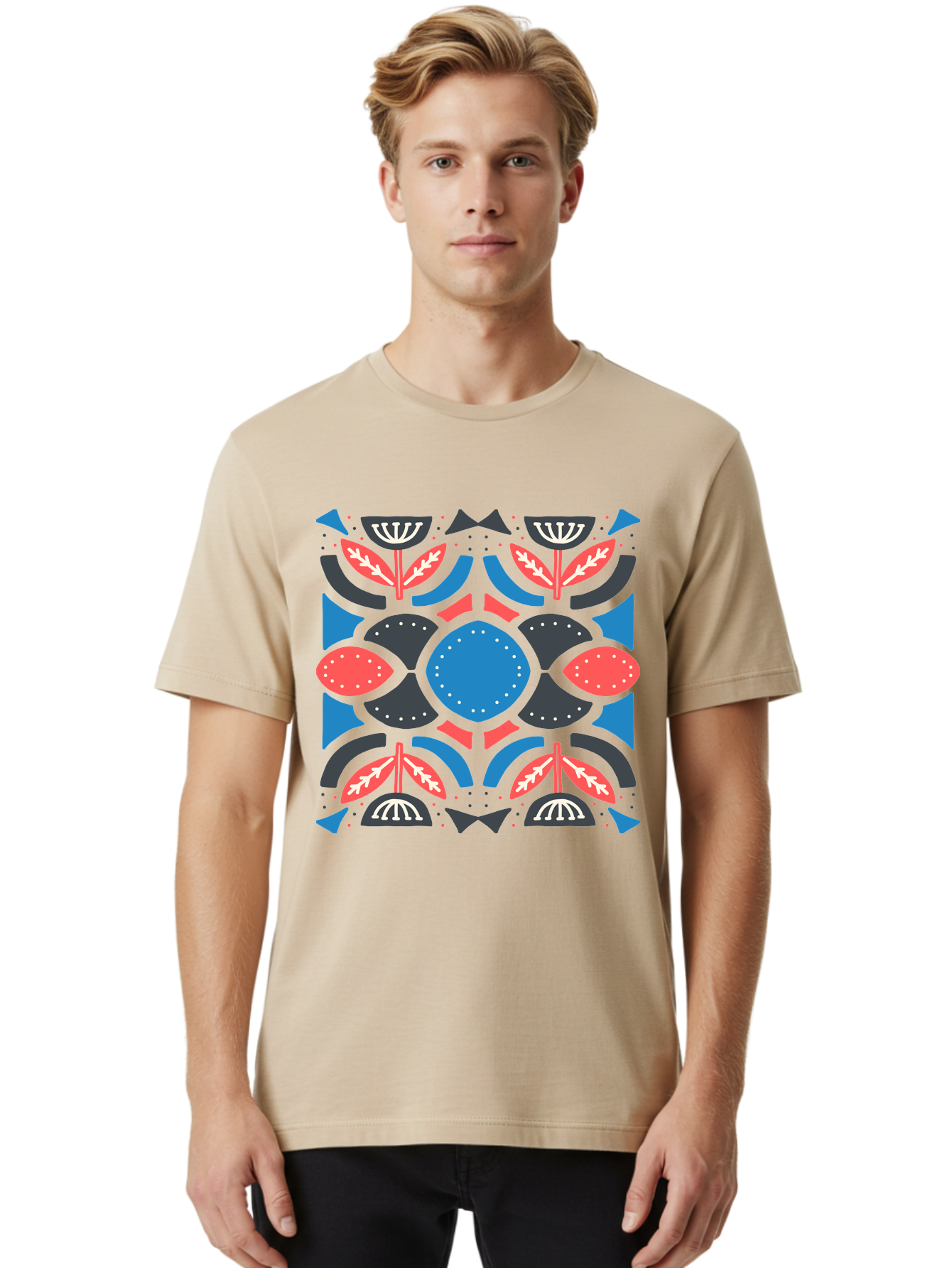 Vibrant-Floral-Pattern Men'S Graphic Tee, 100% Cotton, Comfortable Casual Summer Wear, Machine Washable, Floral Pattern, Geometric Shapes, Blue Center, Red And White Leaves, Black And Gray Accents, Symmetrical Design, Abstract Flowers, Aab816