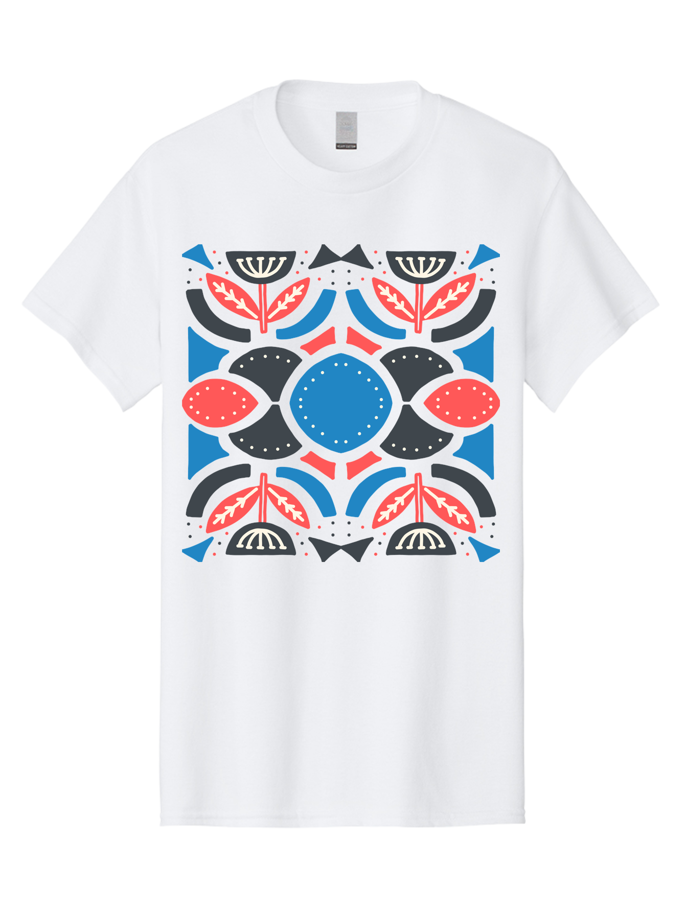 Vibrant-Floral-Pattern Men'S Graphic Tee, 100% Cotton, Comfortable Casual Summer Wear, Machine Washable, Floral Pattern, Geometric Shapes, Blue Center, Red And White Leaves, Black And Gray Accents, Symmetrical Design, Abstract Flowers, Aab816