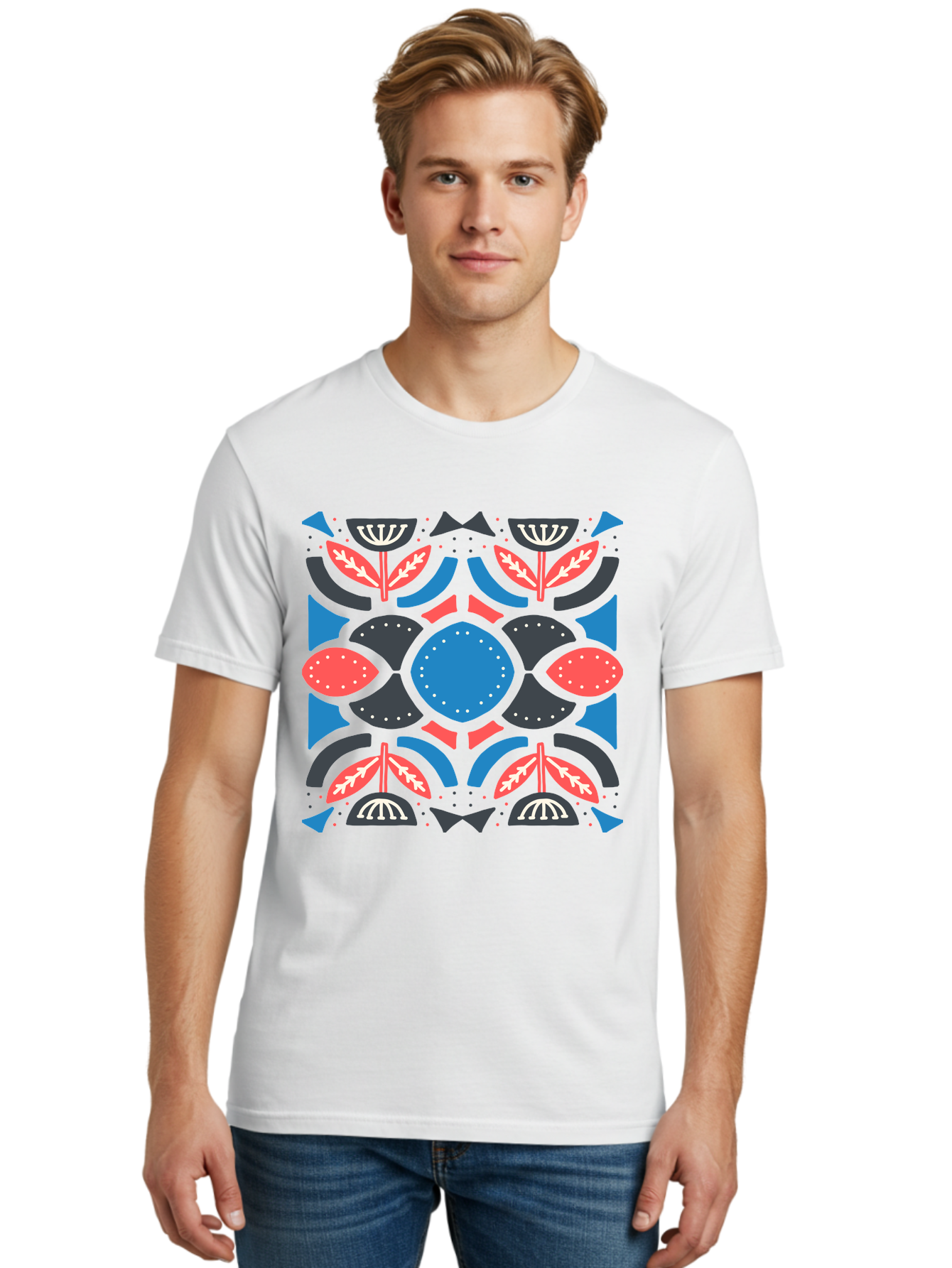 Vibrant-Floral-Pattern Men'S Graphic Tee, 100% Cotton, Comfortable Casual Summer Wear, Machine Washable, Floral Pattern, Geometric Shapes, Blue Center, Red And White Leaves, Black And Gray Accents, Symmetrical Design, Abstract Flowers, Aab816