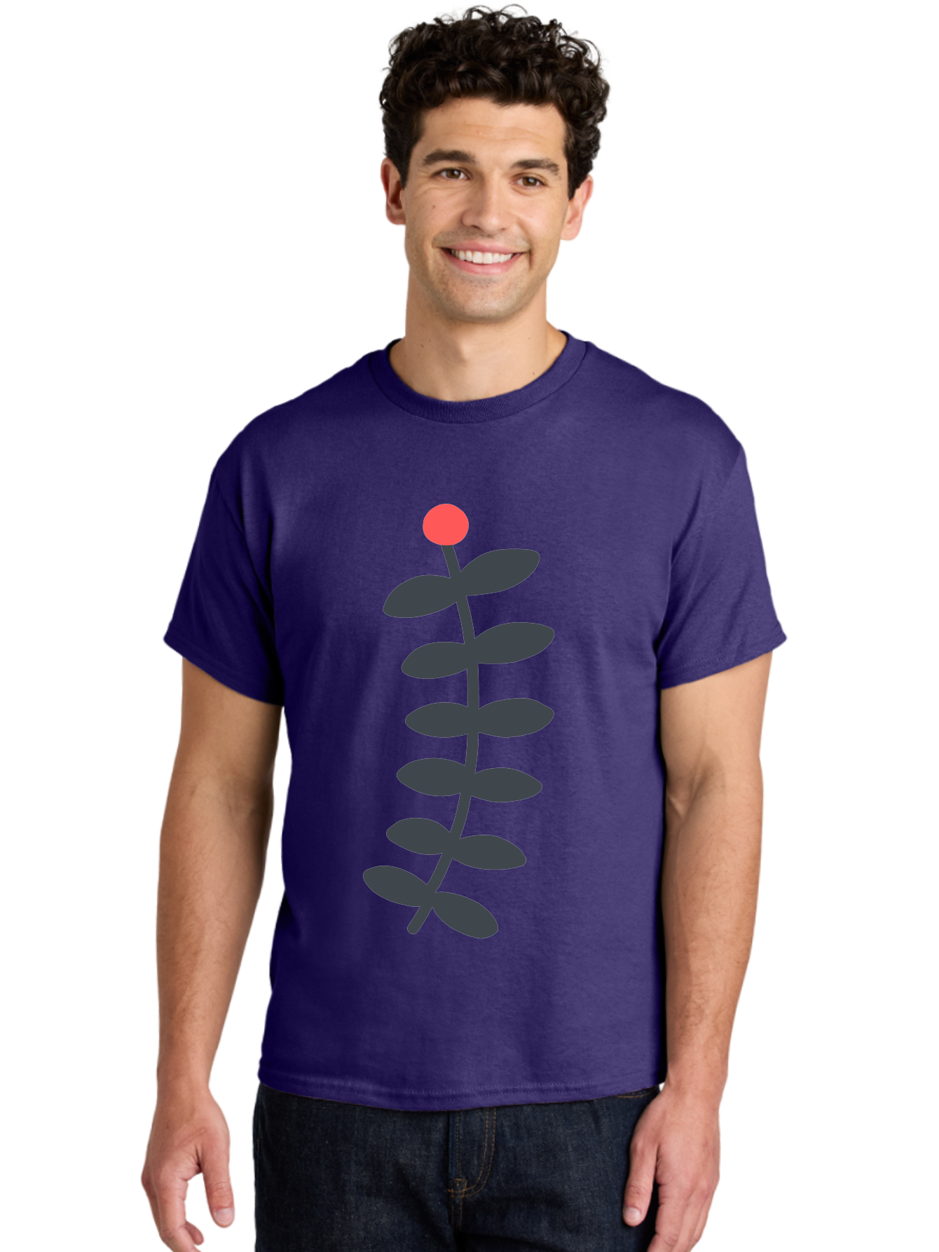 Zig-Zag-Plant Men'S Graphic Tee, 100% Cotton, Comfortable Casual Summer Wear, Machine Washable, Plant Stem, Dark Grey Leaves, Red Bud, Minimalist Design, Simple Shape, Botanical Illustration, Modern Art Aab819