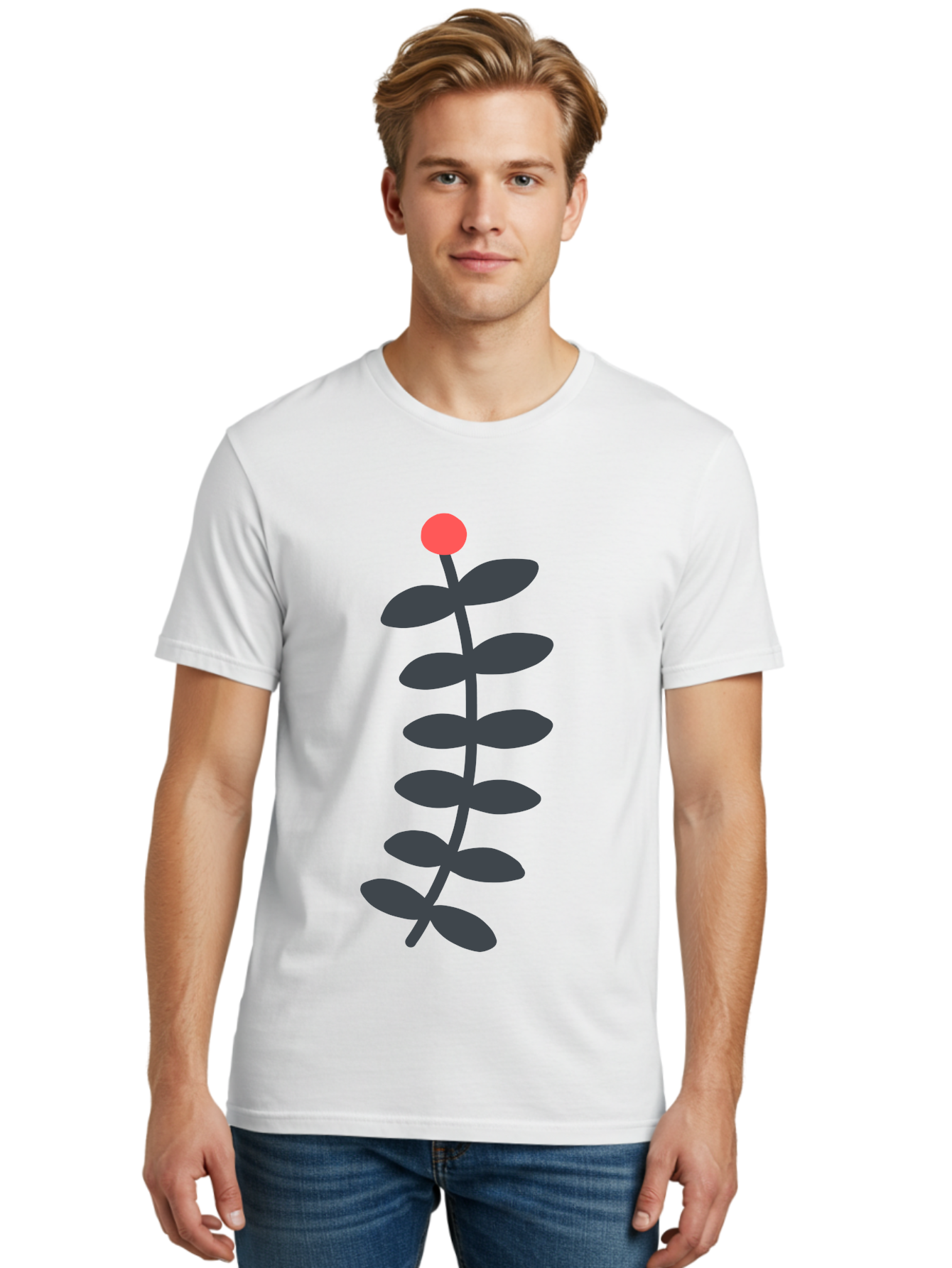 Zig-Zag-Plant Men'S Graphic Tee, 100% Cotton, Comfortable Casual Summer Wear, Machine Washable, Plant Stem, Dark Grey Leaves, Red Bud, Minimalist Design, Simple Shape, Botanical Illustration, Modern Art Aab819