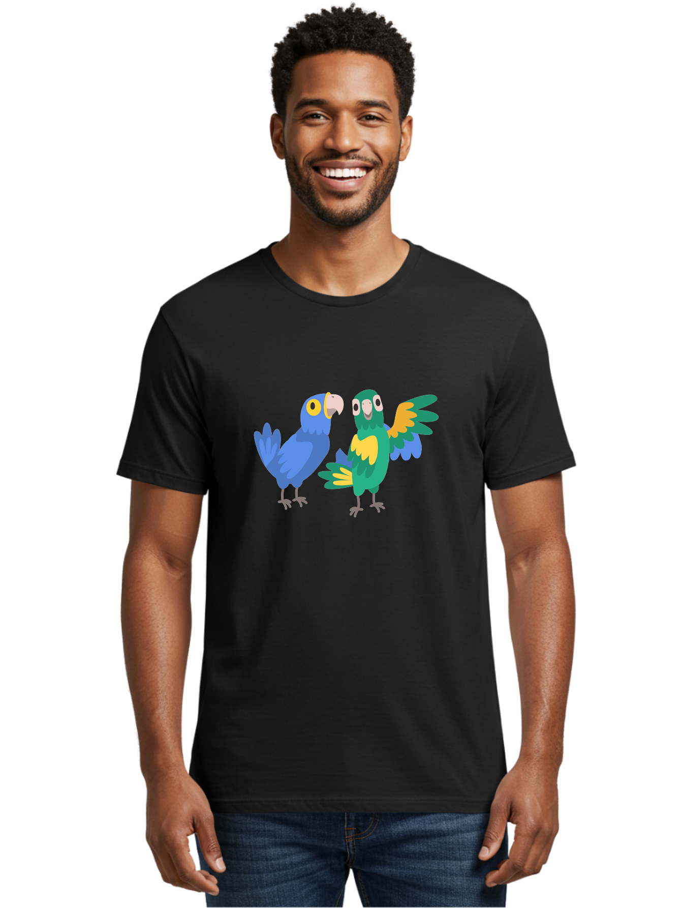 Blue-And-Green-Parrot Men'S Graphic Tee, 100% Cotton, Comfortable Casual Summer Wear, Machine Washable, Cartoon Parrots, Colorful Birds, Blue Parrot, Green Parrot, Yellow Accents, Bird Illustration, Vibrant Feathers, Talking Birds, Aab820