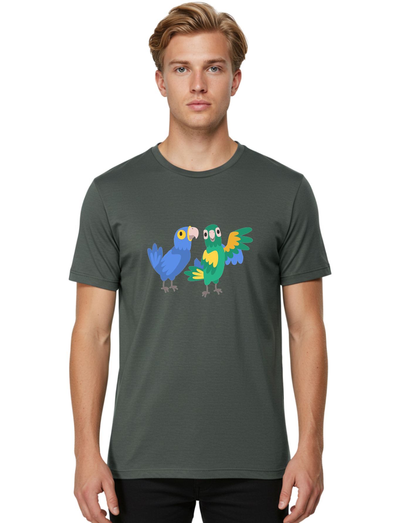 Blue-And-Green-Parrot Men'S Graphic Tee, 100% Cotton, Comfortable Casual Summer Wear, Machine Washable, Cartoon Parrots, Colorful Birds, Blue Parrot, Green Parrot, Yellow Accents, Bird Illustration, Vibrant Feathers, Talking Birds, Aab820
