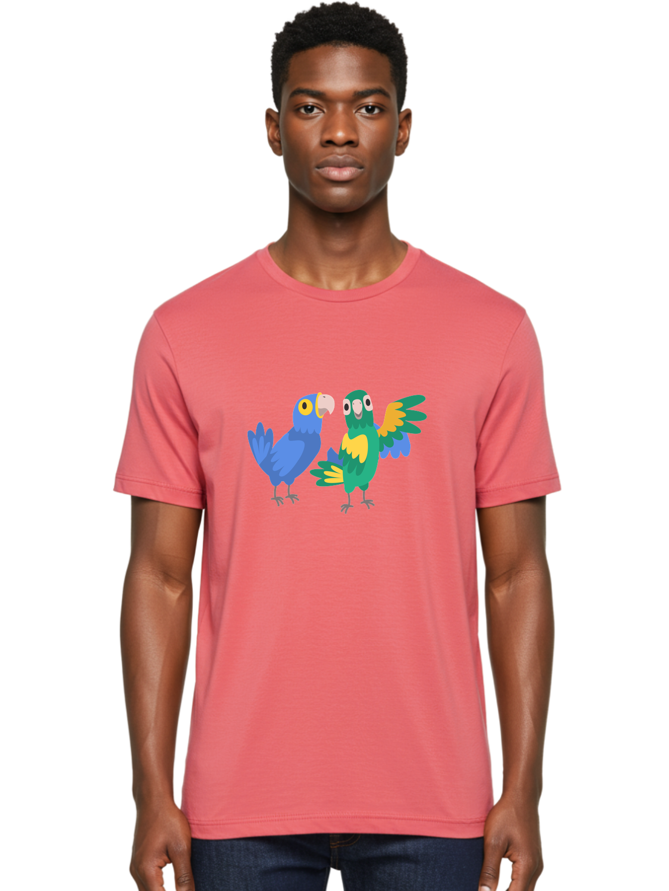 Blue-And-Green-Parrot Men'S Graphic Tee, 100% Cotton, Comfortable Casual Summer Wear, Machine Washable, Cartoon Parrots, Colorful Birds, Blue Parrot, Green Parrot, Yellow Accents, Bird Illustration, Vibrant Feathers, Talking Birds, Aab820