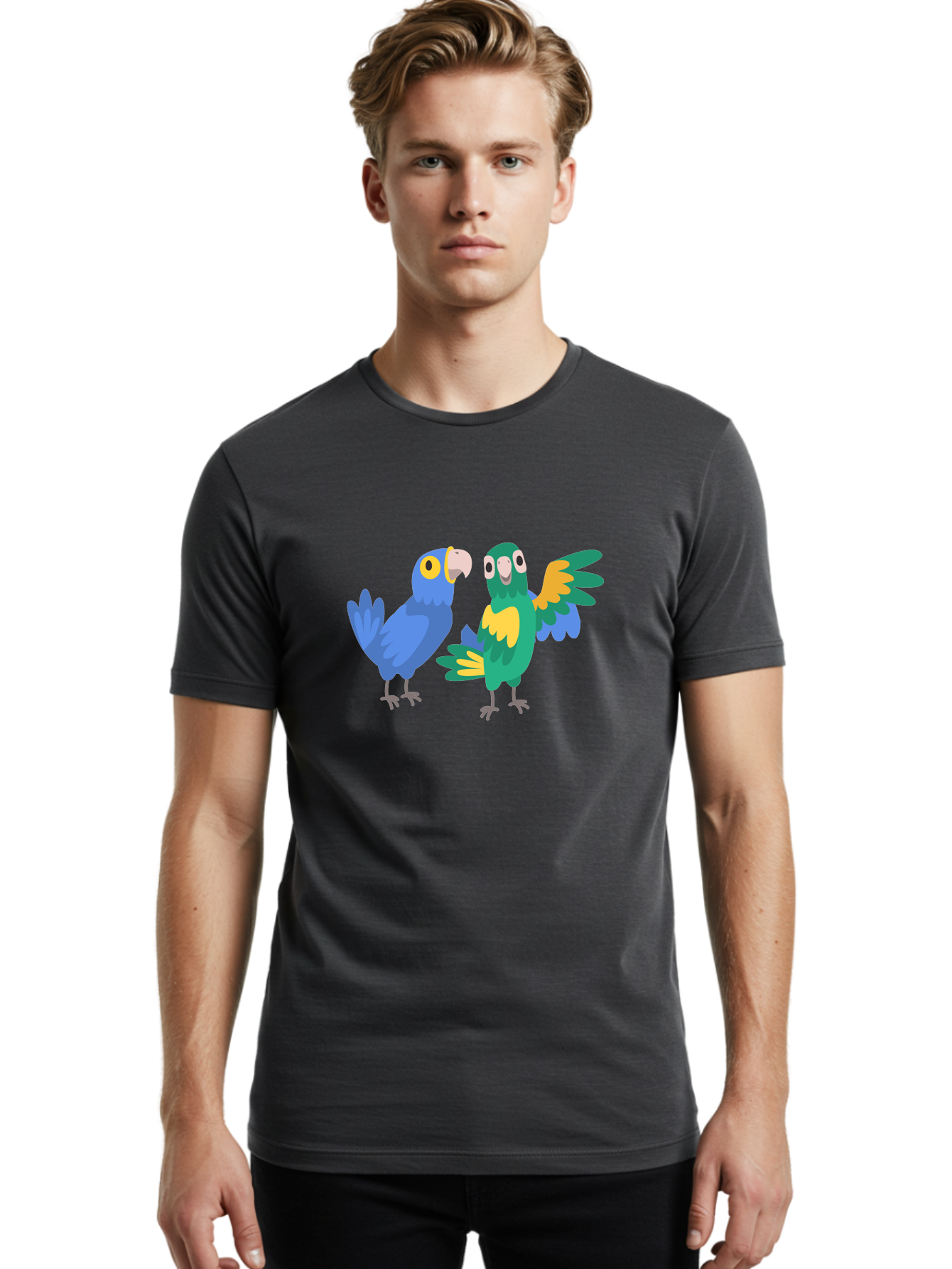 Blue-And-Green-Parrot Men'S Graphic Tee, 100% Cotton, Comfortable Casual Summer Wear, Machine Washable, Cartoon Parrots, Colorful Birds, Blue Parrot, Green Parrot, Yellow Accents, Bird Illustration, Vibrant Feathers, Talking Birds, Aab820