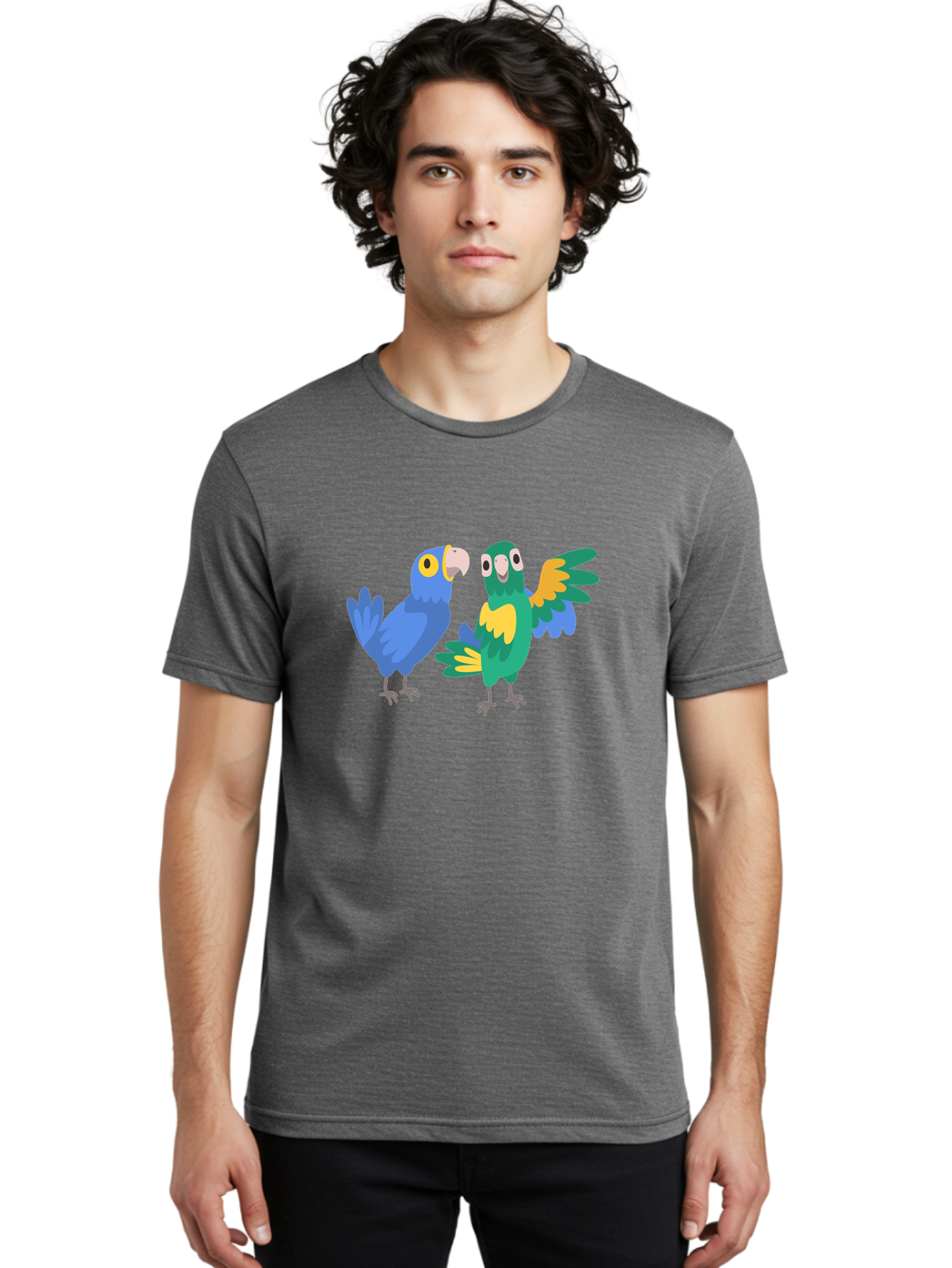 Blue-And-Green-Parrot Men'S Graphic Tee, 100% Cotton, Comfortable Casual Summer Wear, Machine Washable, Cartoon Parrots, Colorful Birds, Blue Parrot, Green Parrot, Yellow Accents, Bird Illustration, Vibrant Feathers, Talking Birds, Aab820