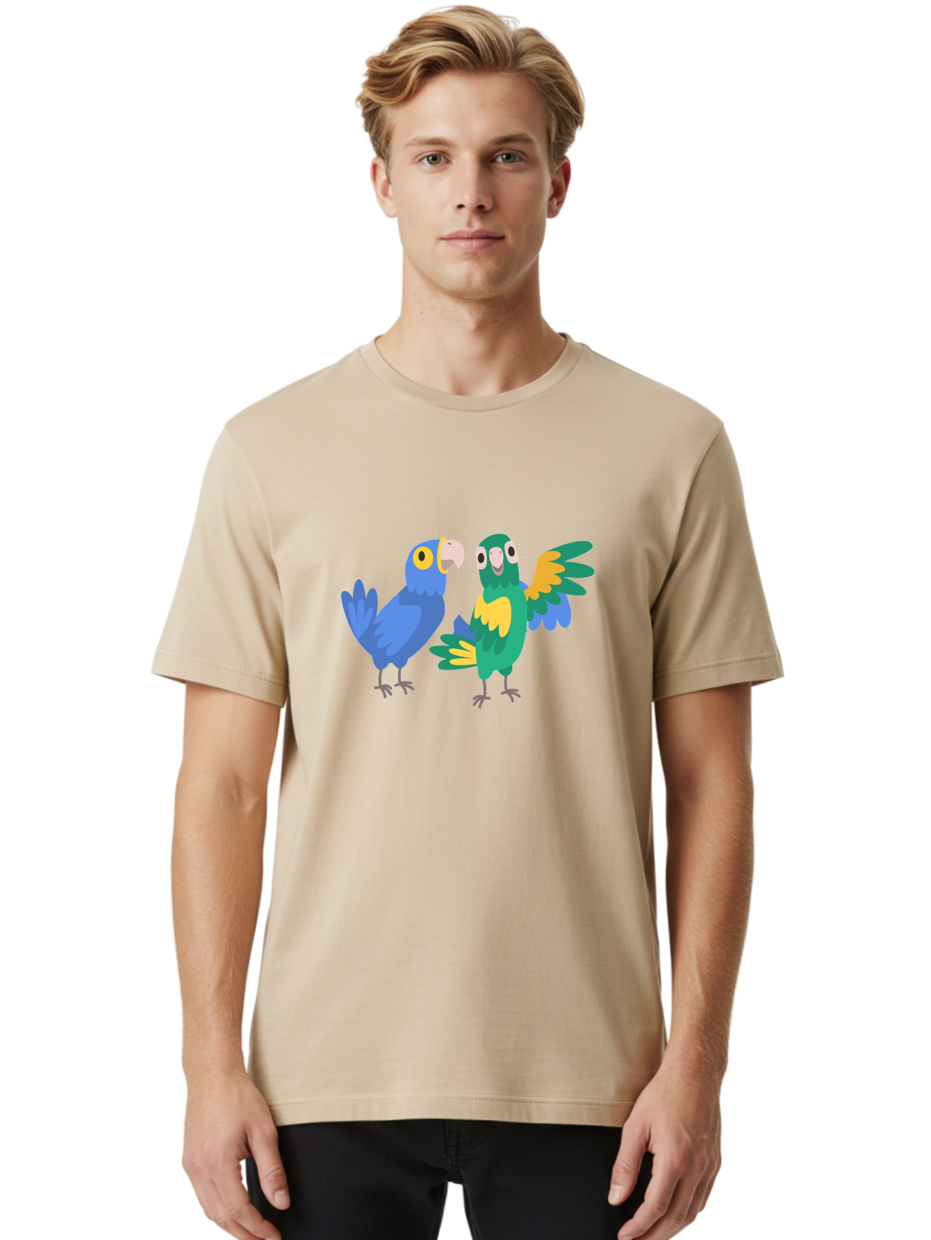 Blue-And-Green-Parrot Men'S Graphic Tee, 100% Cotton, Comfortable Casual Summer Wear, Machine Washable, Cartoon Parrots, Colorful Birds, Blue Parrot, Green Parrot, Yellow Accents, Bird Illustration, Vibrant Feathers, Talking Birds, Aab820