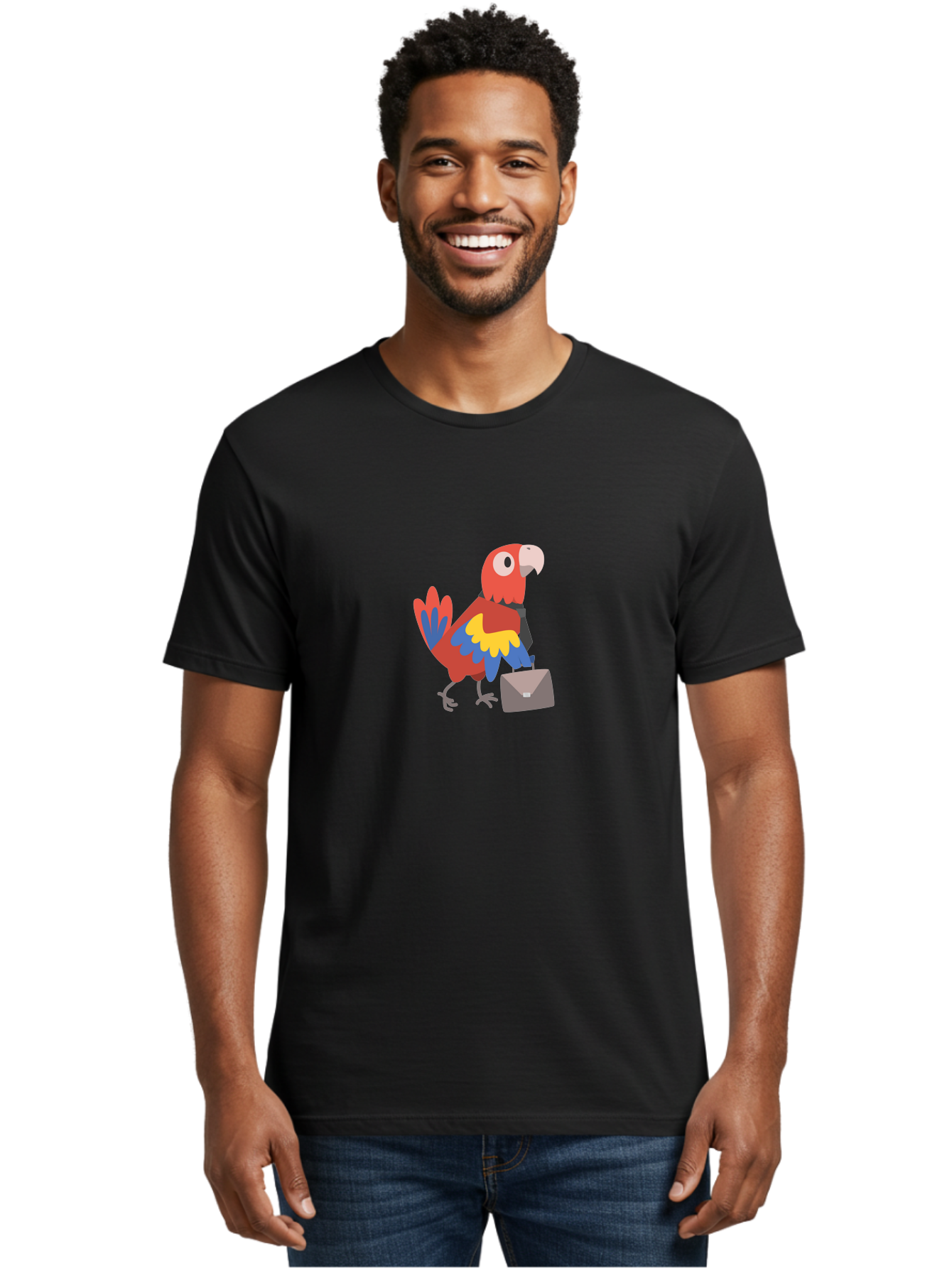Business-Parrot Men'S Graphic Tee, 100% Cotton, Comfortable Casual Summer Wear, Machine Washable, Cartoon Parrot, Colorful Bird, Briefcase, Business Attire, Office Worker, Tropical Twist, Modern Illustration, Professional Bird, Aab821