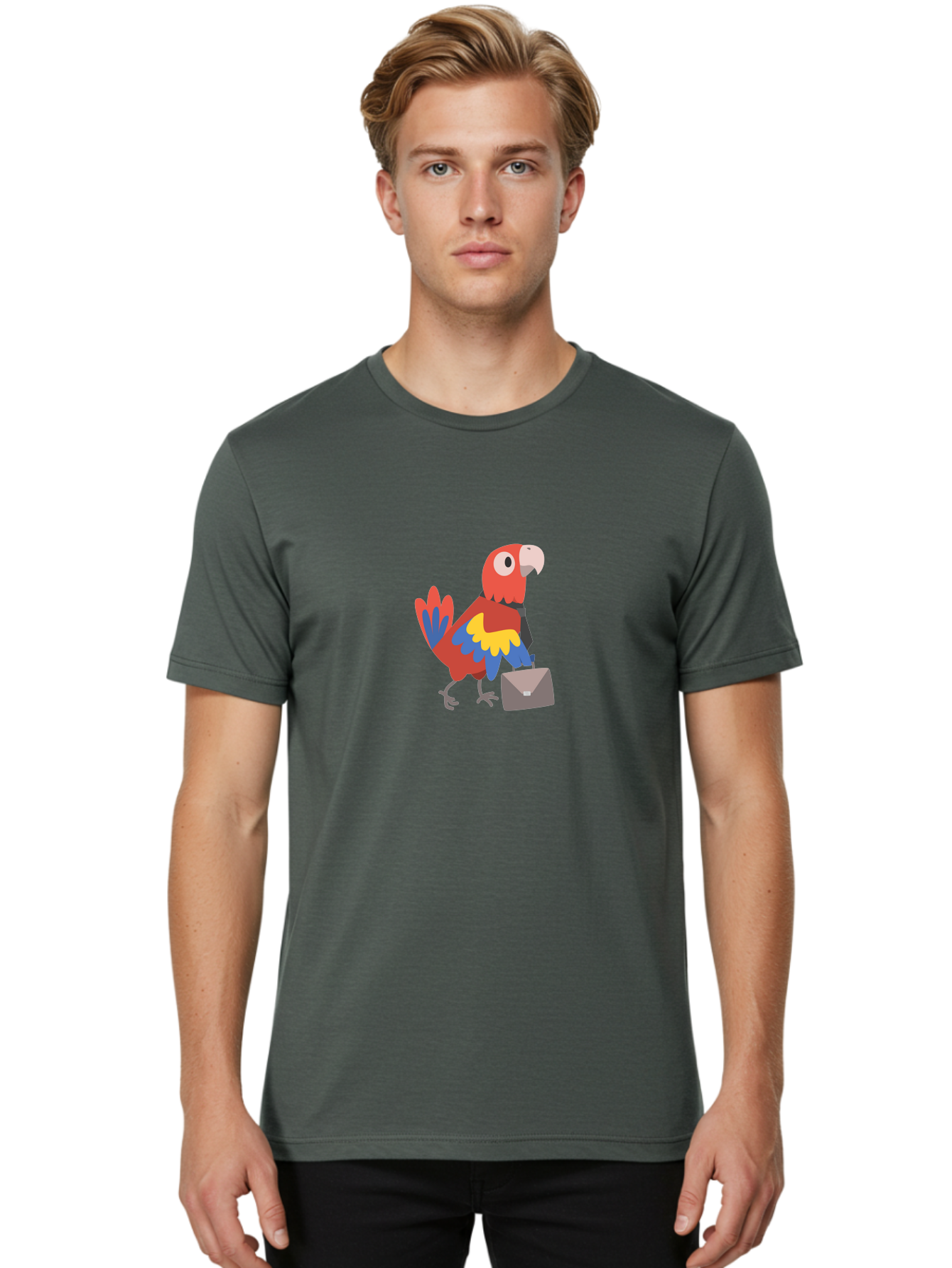 Business-Parrot Men'S Graphic Tee, 100% Cotton, Comfortable Casual Summer Wear, Machine Washable, Cartoon Parrot, Colorful Bird, Briefcase, Business Attire, Office Worker, Tropical Twist, Modern Illustration, Professional Bird, Aab821
