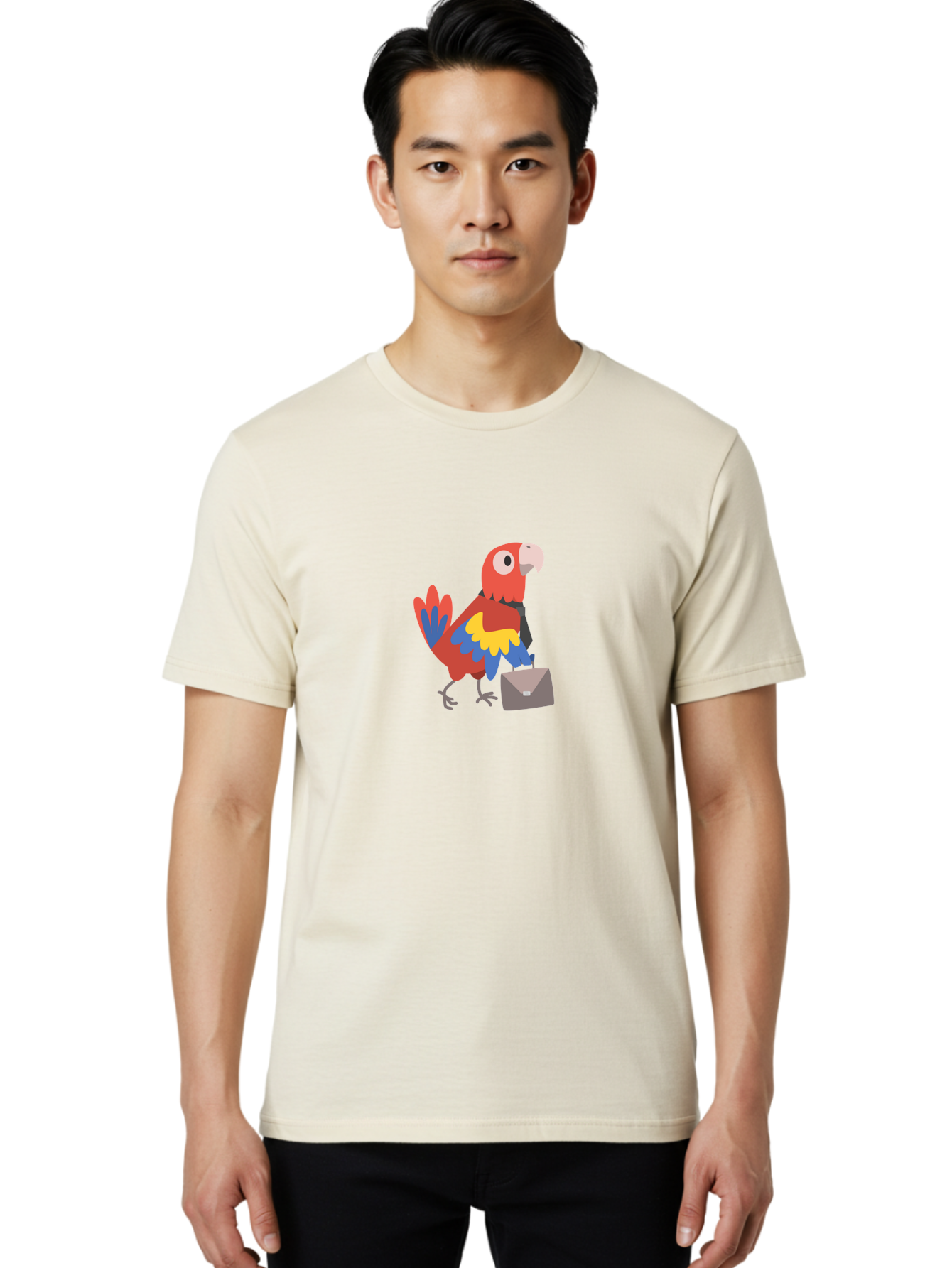 Business-Parrot Men'S Graphic Tee, 100% Cotton, Comfortable Casual Summer Wear, Machine Washable, Cartoon Parrot, Colorful Bird, Briefcase, Business Attire, Office Worker, Tropical Twist, Modern Illustration, Professional Bird, Aab821