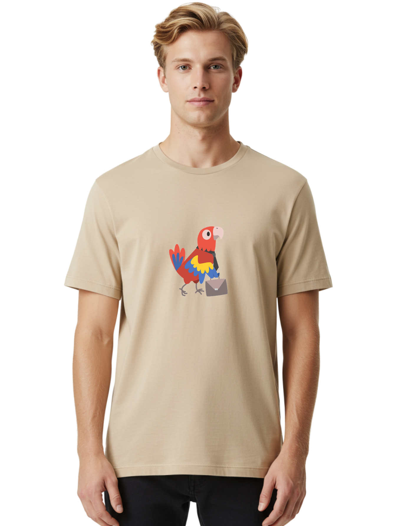 Business-Parrot Men'S Graphic Tee, 100% Cotton, Comfortable Casual Summer Wear, Machine Washable, Cartoon Parrot, Colorful Bird, Briefcase, Business Attire, Office Worker, Tropical Twist, Modern Illustration, Professional Bird, Aab821