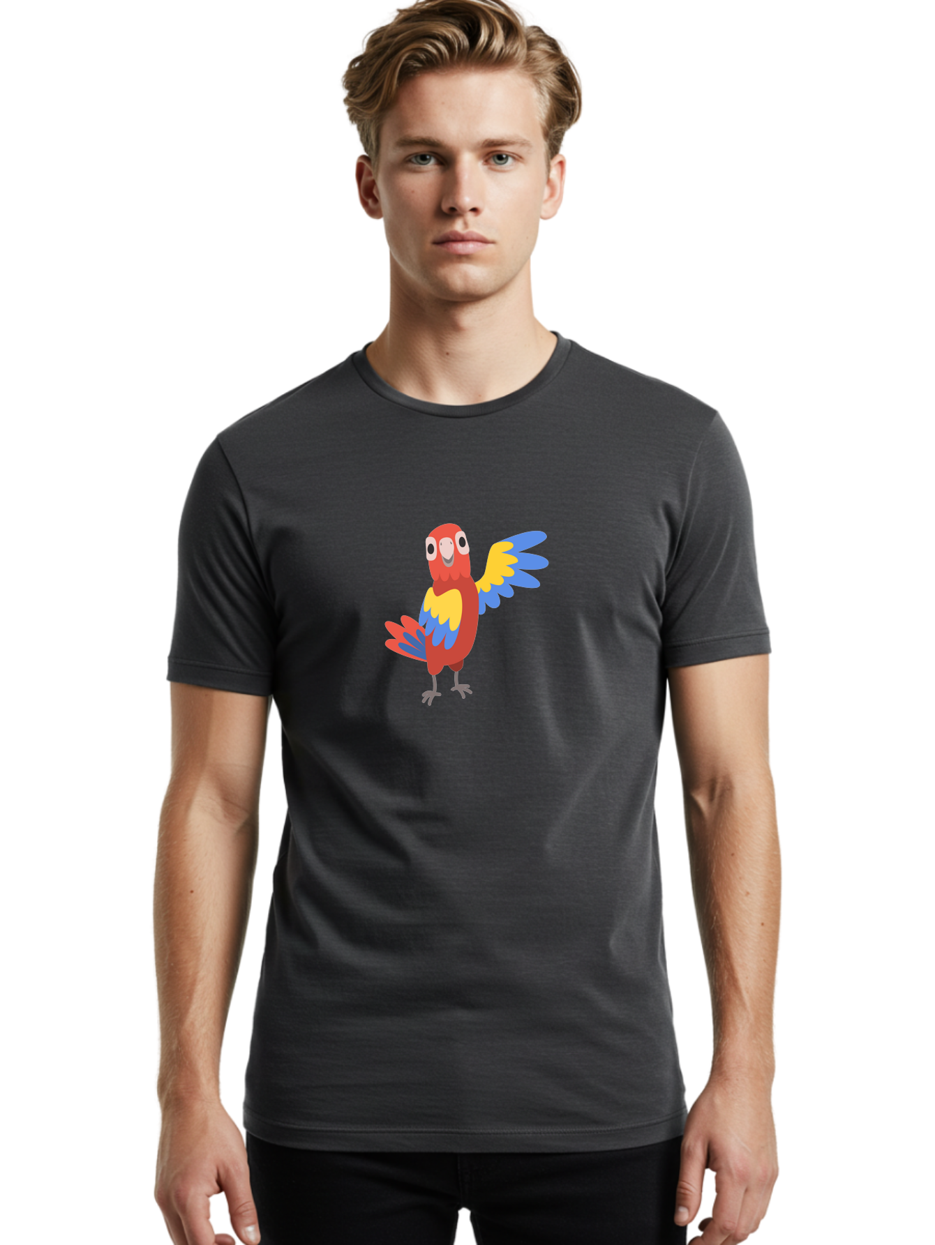 Colorful-Macaw Men'S Graphic Tee, 100% Cotton, Comfortable Casual Summer Wear, Machine Washable, Cartoon Parrot, Colorful Bird, Red, Yellow, Blue Feathers, Vibrant Plumage, Playful Design, Simple Illustration, Cartoon Character Aab823