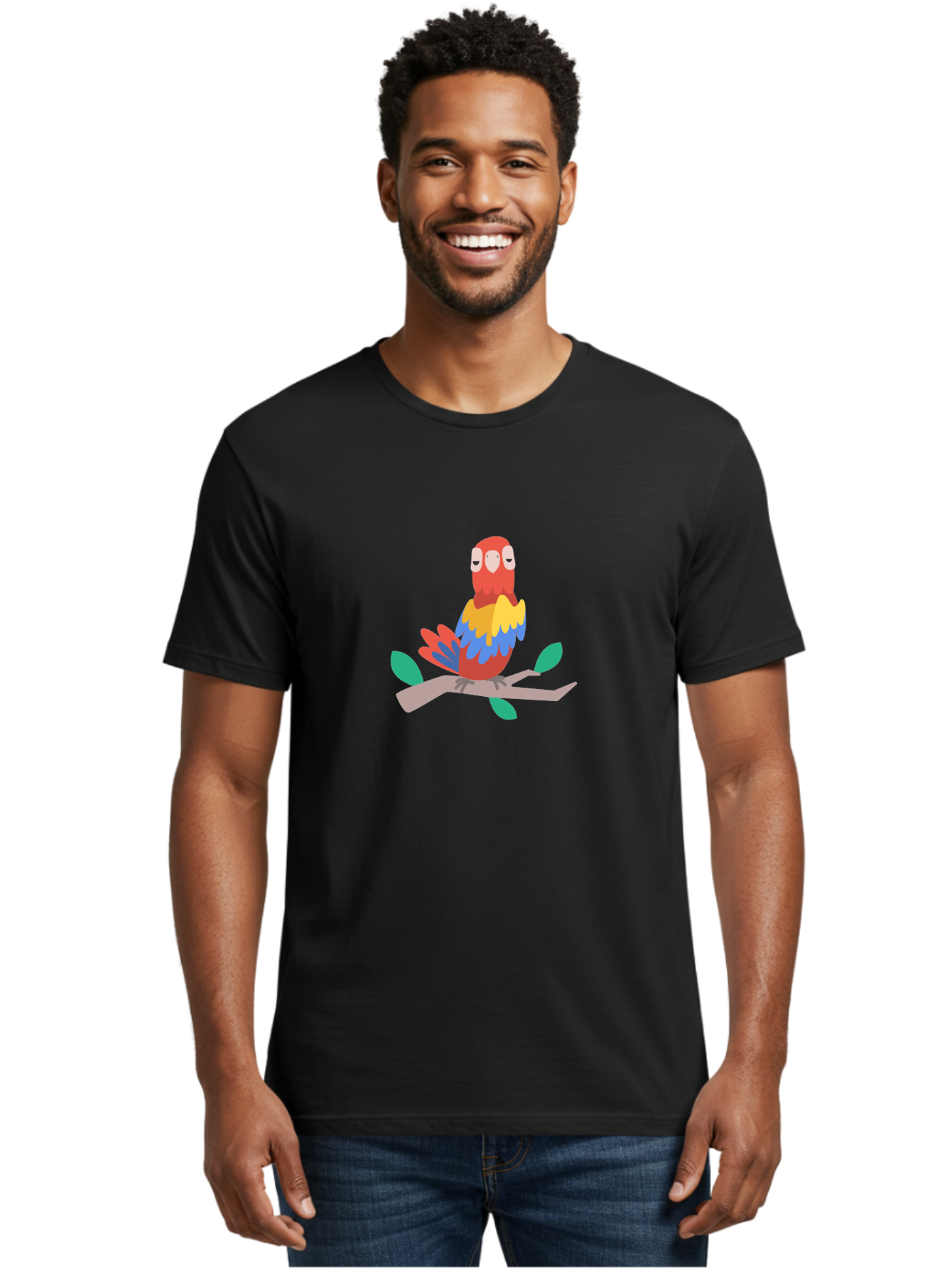 Colorful-Parrot Men'S Graphic Tee, 100% Cotton, Comfortable Casual Summer Wear, Machine Washable, Cartoon Parrot, Vibrant Plumage, Red, Blue, Yellow Feathers, Sitting On Branch, Leaves, Tropical Bird, Playful Illustration, Digital Art, Aab825