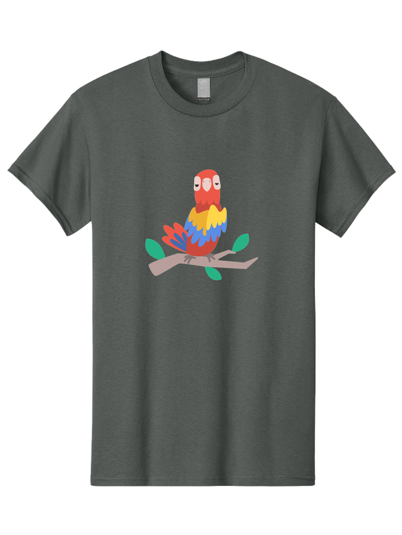 Colorful-Parrot Men'S Graphic Tee, 100% Cotton, Comfortable Casual Summer Wear, Machine Washable, Cartoon Parrot, Vibrant Plumage, Red, Blue, Yellow Feathers, Sitting On Branch, Leaves, Tropical Bird, Playful Illustration, Digital Art, Aab825