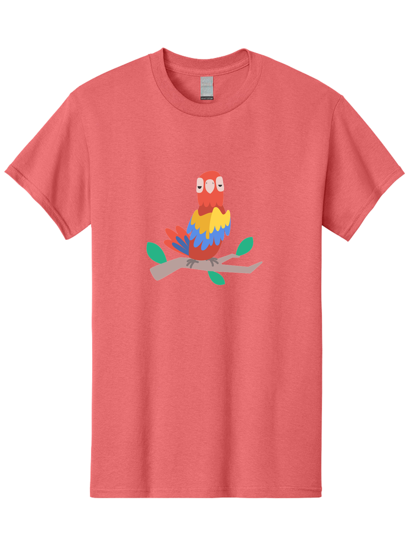 Colorful-Parrot Men'S Graphic Tee, 100% Cotton, Comfortable Casual Summer Wear, Machine Washable, Cartoon Parrot, Vibrant Plumage, Red, Blue, Yellow Feathers, Sitting On Branch, Leaves, Tropical Bird, Playful Illustration, Digital Art, Aab825