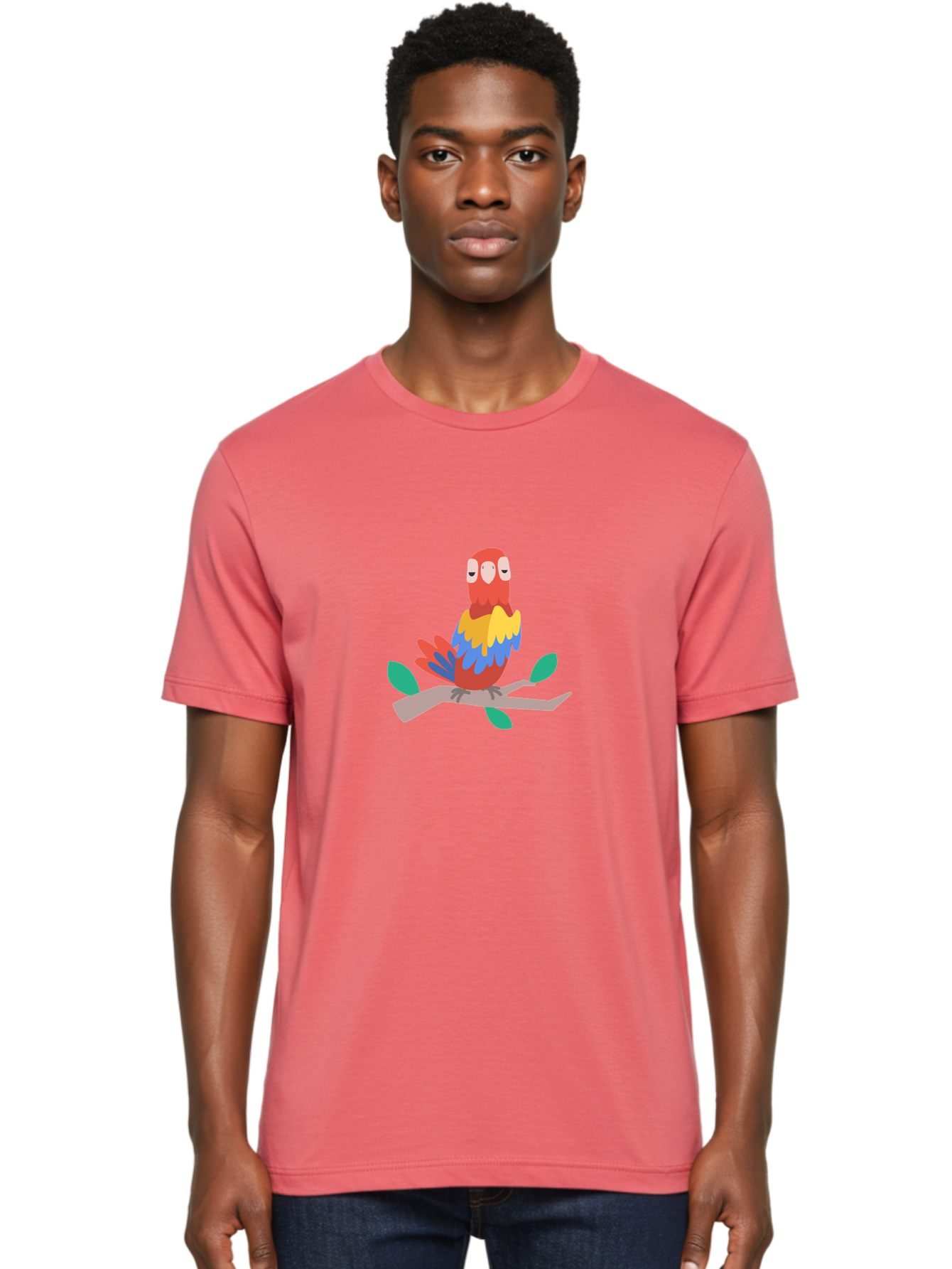 Colorful-Parrot Men'S Graphic Tee, 100% Cotton, Comfortable Casual Summer Wear, Machine Washable, Cartoon Parrot, Vibrant Plumage, Red, Blue, Yellow Feathers, Sitting On Branch, Leaves, Tropical Bird, Playful Illustration, Digital Art, Aab825