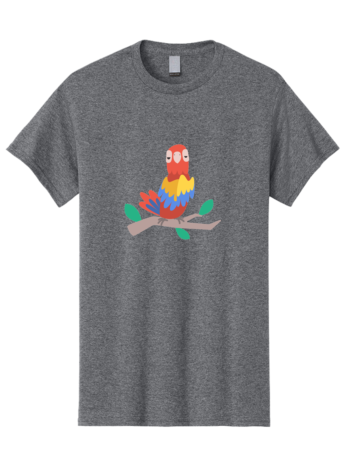 Colorful-Parrot Men'S Graphic Tee, 100% Cotton, Comfortable Casual Summer Wear, Machine Washable, Cartoon Parrot, Vibrant Plumage, Red, Blue, Yellow Feathers, Sitting On Branch, Leaves, Tropical Bird, Playful Illustration, Digital Art, Aab825