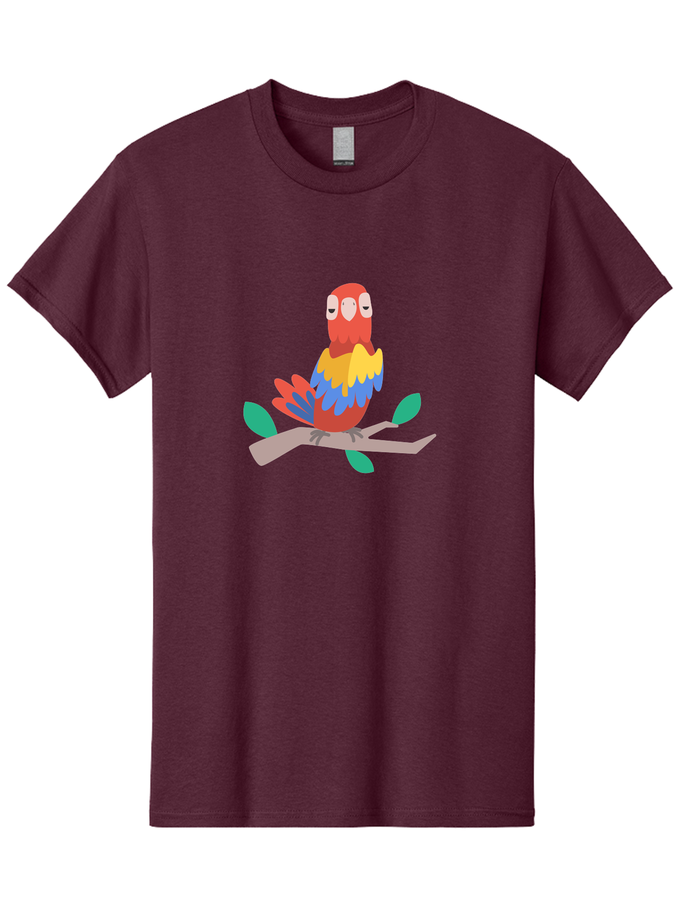 Colorful-Parrot Men'S Graphic Tee, 100% Cotton, Comfortable Casual Summer Wear, Machine Washable, Cartoon Parrot, Vibrant Plumage, Red, Blue, Yellow Feathers, Sitting On Branch, Leaves, Tropical Bird, Playful Illustration, Digital Art, Aab825