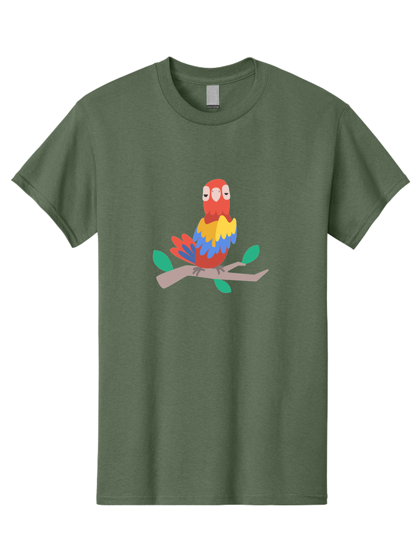 Colorful-Parrot Men'S Graphic Tee, 100% Cotton, Comfortable Casual Summer Wear, Machine Washable, Cartoon Parrot, Vibrant Plumage, Red, Blue, Yellow Feathers, Sitting On Branch, Leaves, Tropical Bird, Playful Illustration, Digital Art, Aab825