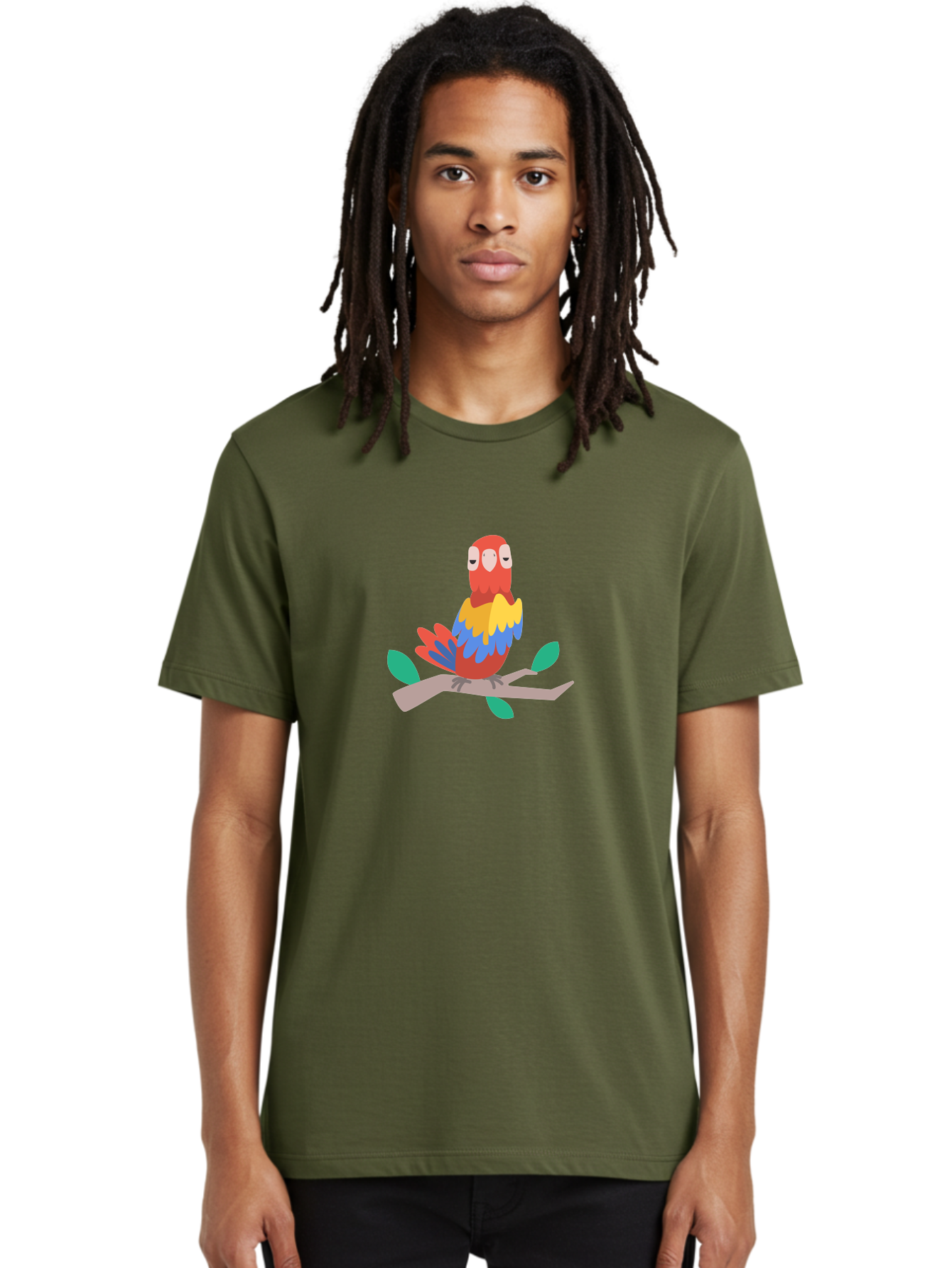 Colorful-Parrot Men'S Graphic Tee, 100% Cotton, Comfortable Casual Summer Wear, Machine Washable, Cartoon Parrot, Vibrant Plumage, Red, Blue, Yellow Feathers, Sitting On Branch, Leaves, Tropical Bird, Playful Illustration, Digital Art, Aab825