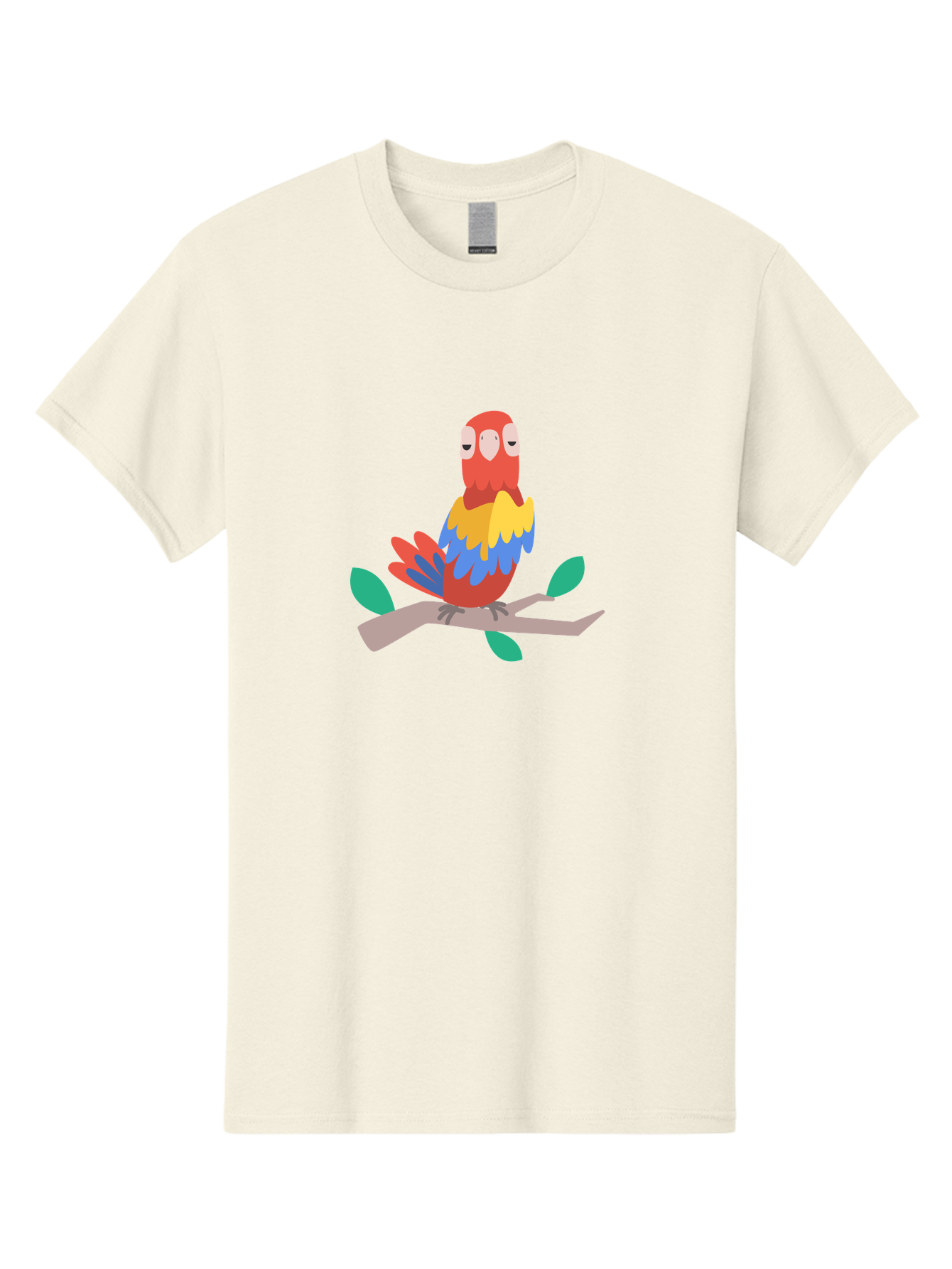 Colorful-Parrot Men'S Graphic Tee, 100% Cotton, Comfortable Casual Summer Wear, Machine Washable, Cartoon Parrot, Vibrant Plumage, Red, Blue, Yellow Feathers, Sitting On Branch, Leaves, Tropical Bird, Playful Illustration, Digital Art, Aab825