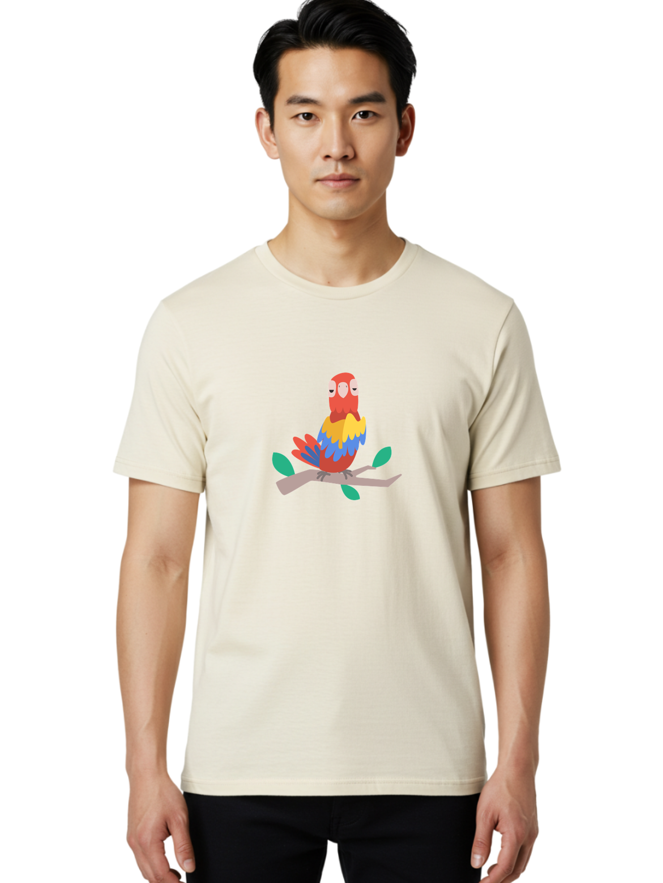 Colorful-Parrot Men'S Graphic Tee, 100% Cotton, Comfortable Casual Summer Wear, Machine Washable, Cartoon Parrot, Vibrant Plumage, Red, Blue, Yellow Feathers, Sitting On Branch, Leaves, Tropical Bird, Playful Illustration, Digital Art, Aab825