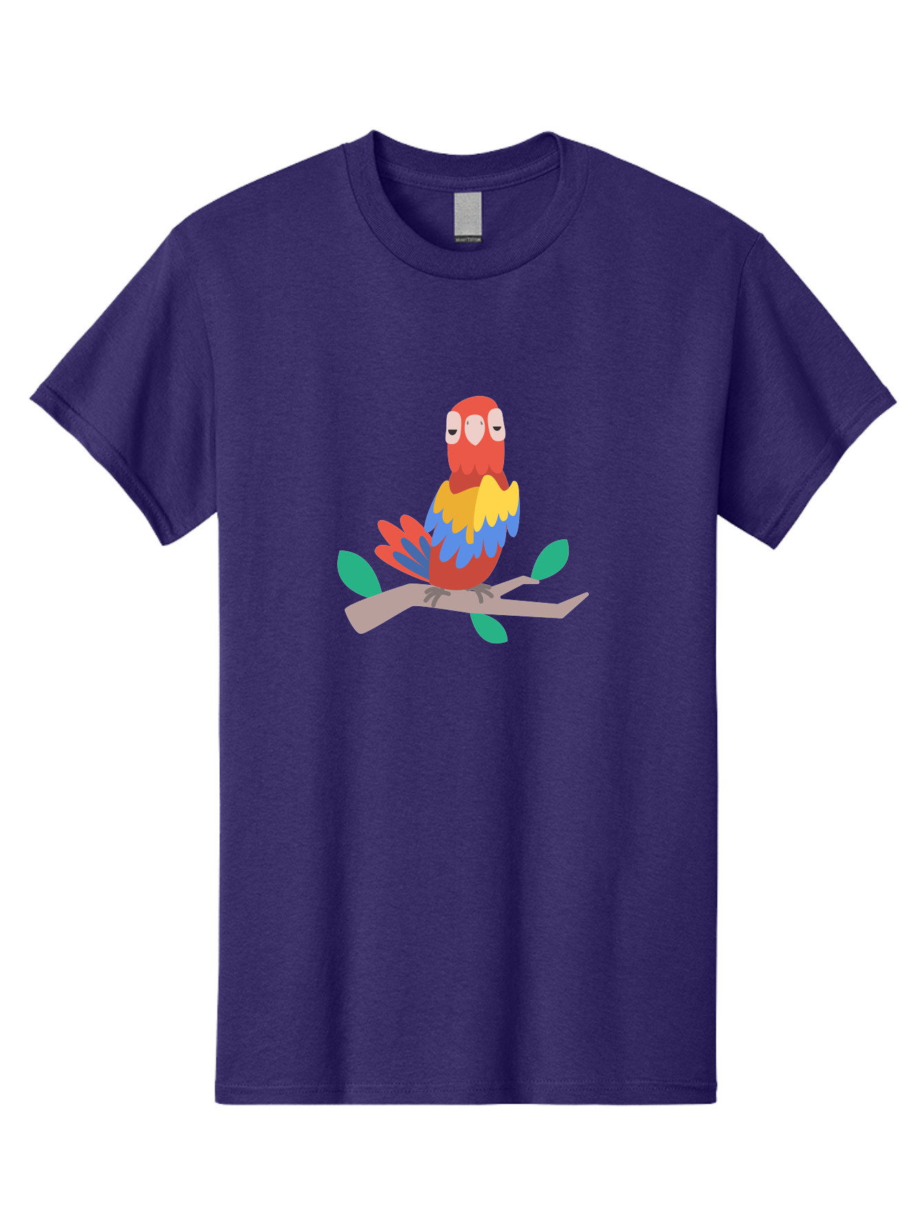 Colorful-Parrot Men'S Graphic Tee, 100% Cotton, Comfortable Casual Summer Wear, Machine Washable, Cartoon Parrot, Vibrant Plumage, Red, Blue, Yellow Feathers, Sitting On Branch, Leaves, Tropical Bird, Playful Illustration, Digital Art, Aab825
