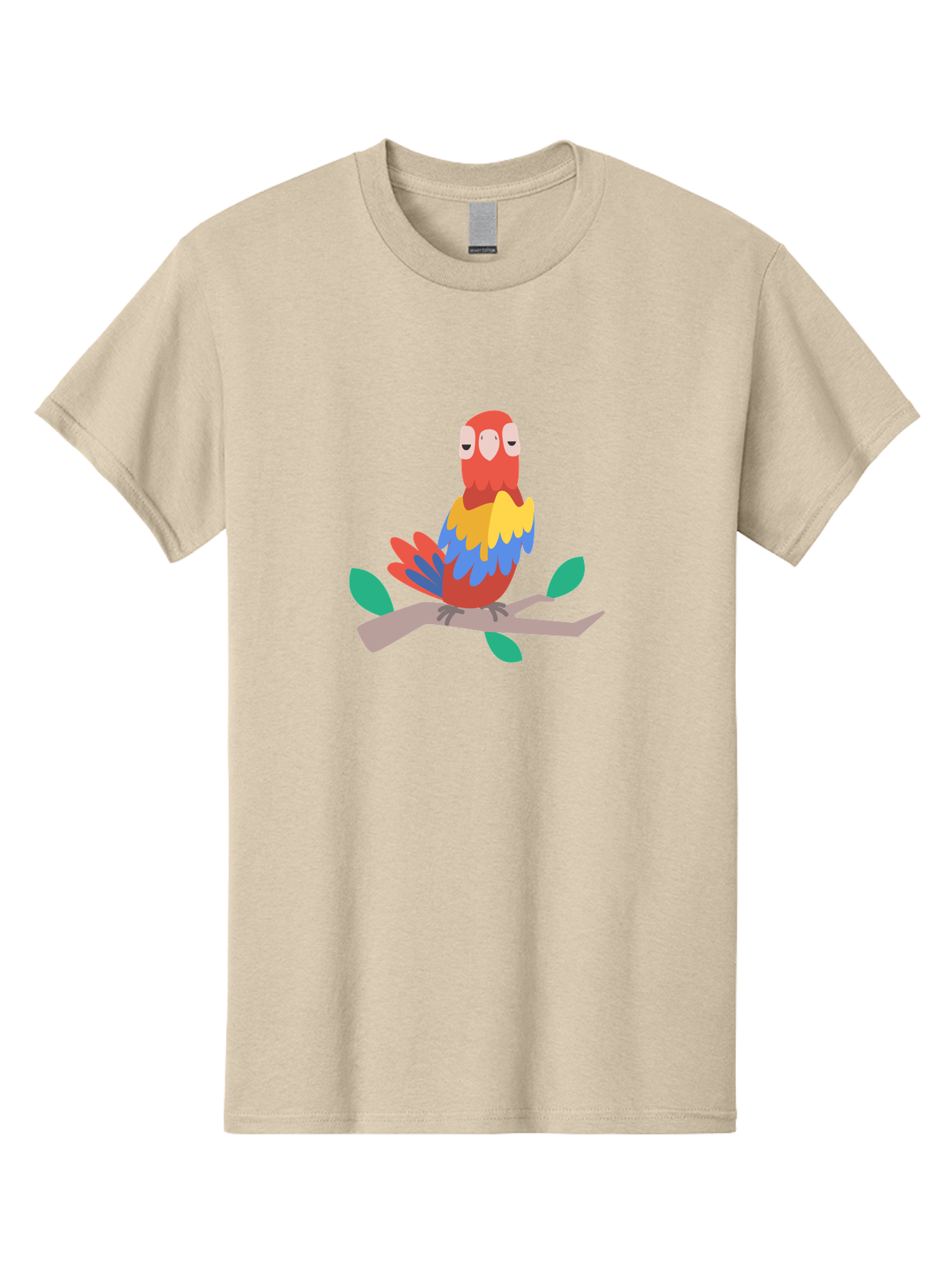 Colorful-Parrot Men'S Graphic Tee, 100% Cotton, Comfortable Casual Summer Wear, Machine Washable, Cartoon Parrot, Vibrant Plumage, Red, Blue, Yellow Feathers, Sitting On Branch, Leaves, Tropical Bird, Playful Illustration, Digital Art, Aab825