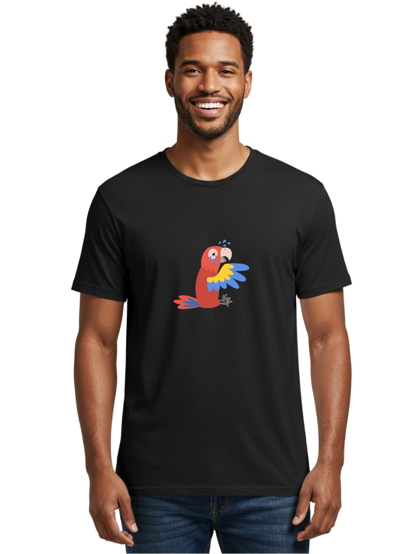 Crying-Parrot Men'S Graphic Tee, 100% Cotton, Comfortable Casual Summer Wear, Machine Washable, Sad Parrot, Crying Bird, Vibrant Feathers, Colorful Wings, Emotional Expression, Cartoon Style, Blue Tears, Yellow And Blue Wings, Red Plumage Aab828