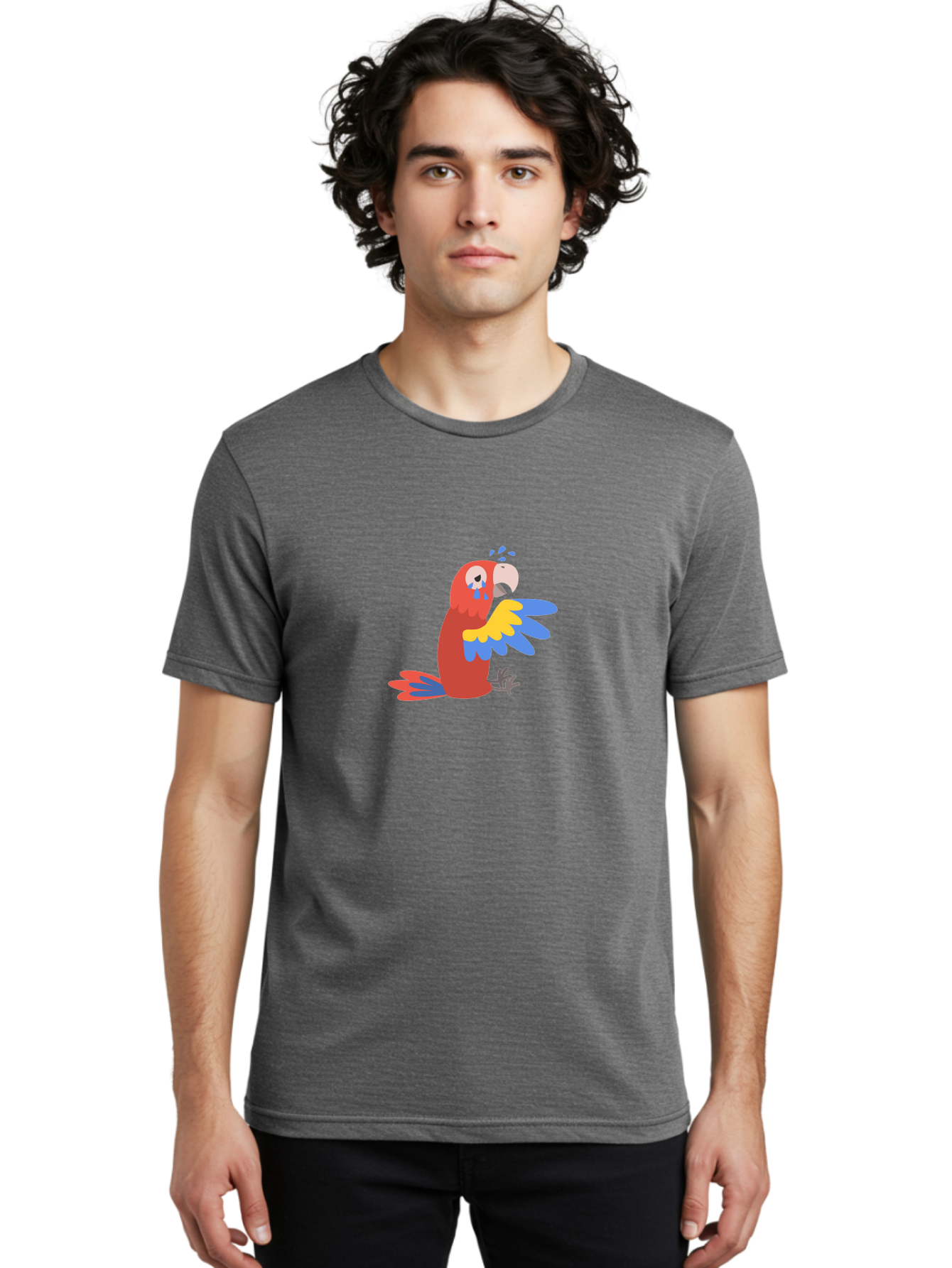 Crying-Parrot Men'S Graphic Tee, 100% Cotton, Comfortable Casual Summer Wear, Machine Washable, Sad Parrot, Crying Bird, Vibrant Feathers, Colorful Wings, Emotional Expression, Cartoon Style, Blue Tears, Yellow And Blue Wings, Red Plumage Aab828