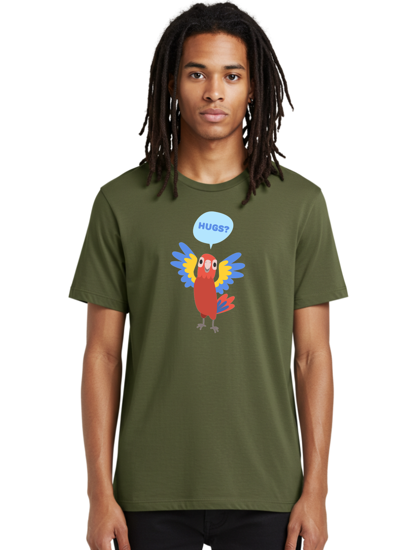 Hugs Men'S Graphic Tee, 100% Cotton, Comfortable Casual Summer Wear, Machine Washable, Cute Cartoon Parrot, Colorful Parrot, Bird Giving Hugs, Affectionate Animal, Adorable Creature, Vibrant Feathers, Friendly Parrot, Hugs, Aab832