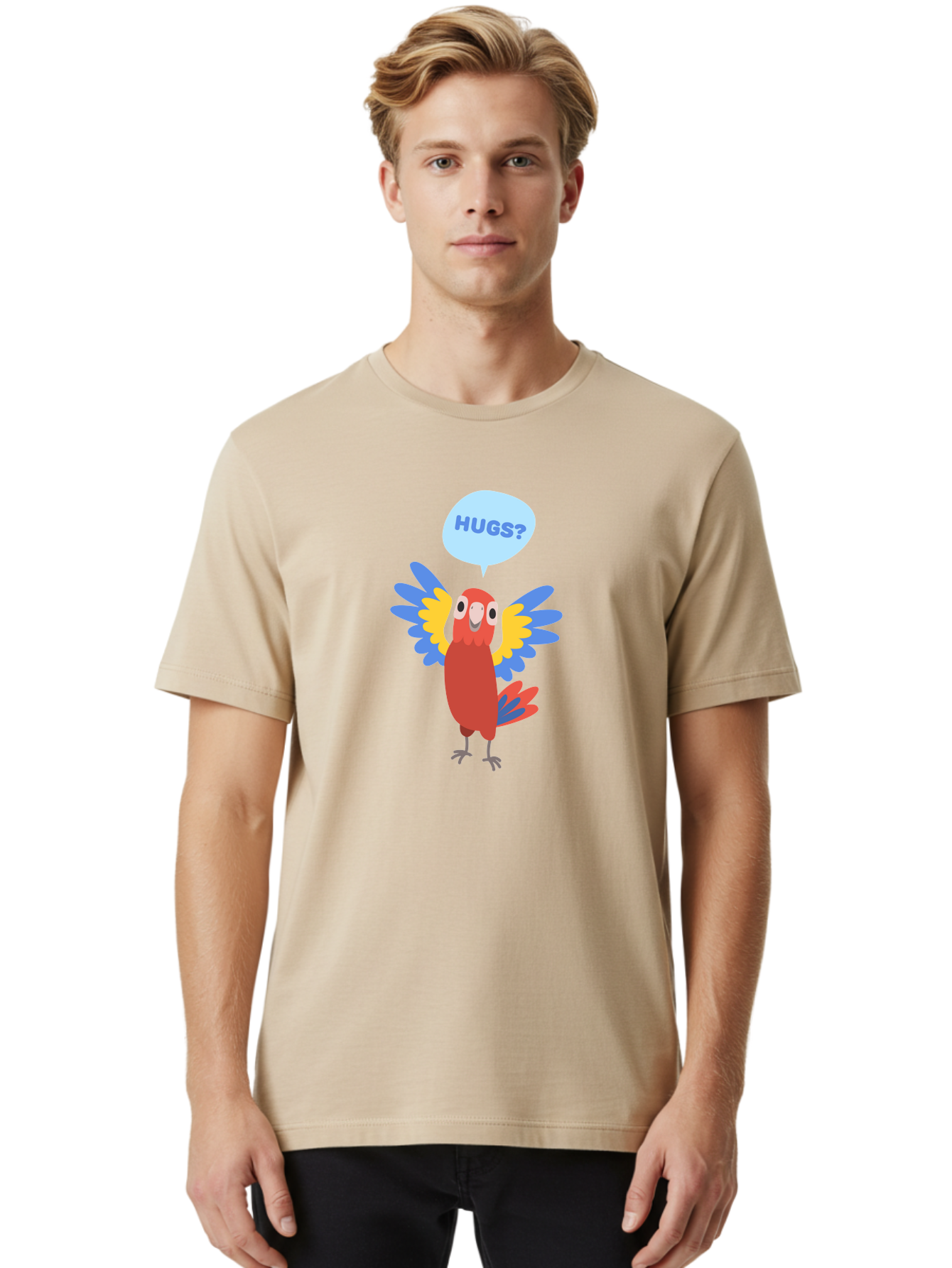 Hugs Men'S Graphic Tee, 100% Cotton, Comfortable Casual Summer Wear, Machine Washable, Cute Cartoon Parrot, Colorful Parrot, Bird Giving Hugs, Affectionate Animal, Adorable Creature, Vibrant Feathers, Friendly Parrot, Hugs, Aab832