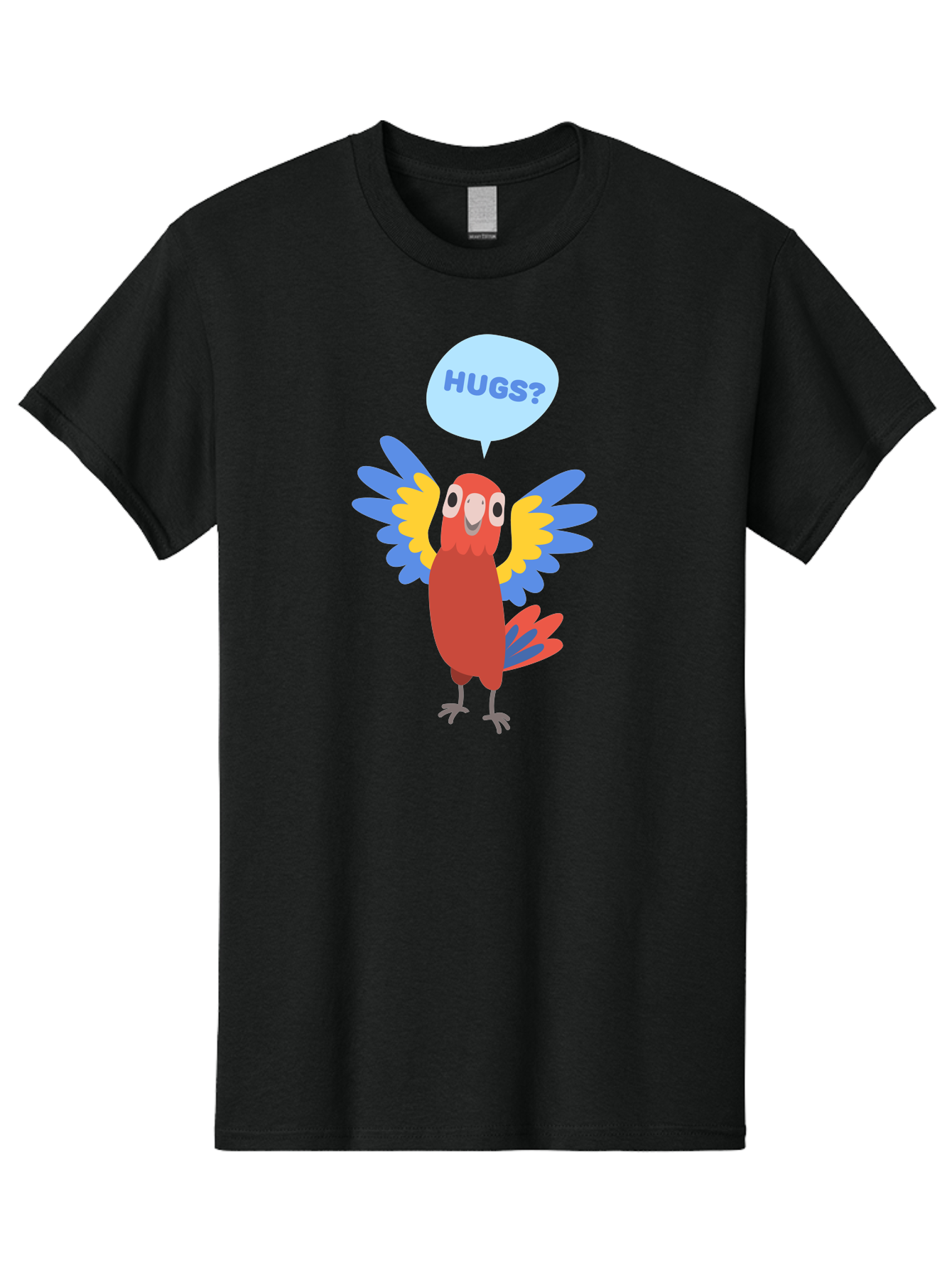 Hugs Men'S Graphic Tee, 100% Cotton, Comfortable Casual Summer Wear, Machine Washable, Cartoon Parrot, Colorful Bird, Hugs, Cute Animal, Funny Illustration, Red Parrot, Blue And Yellow Wings, Friendly Creature, Emotional Support, Aab833