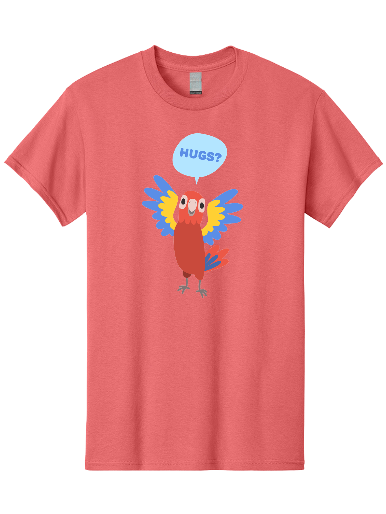 Hugs Men'S Graphic Tee, 100% Cotton, Comfortable Casual Summer Wear, Machine Washable, Cartoon Parrot, Colorful Bird, Hugs, Cute Animal, Funny Illustration, Red Parrot, Blue And Yellow Wings, Friendly Creature, Emotional Support, Aab833