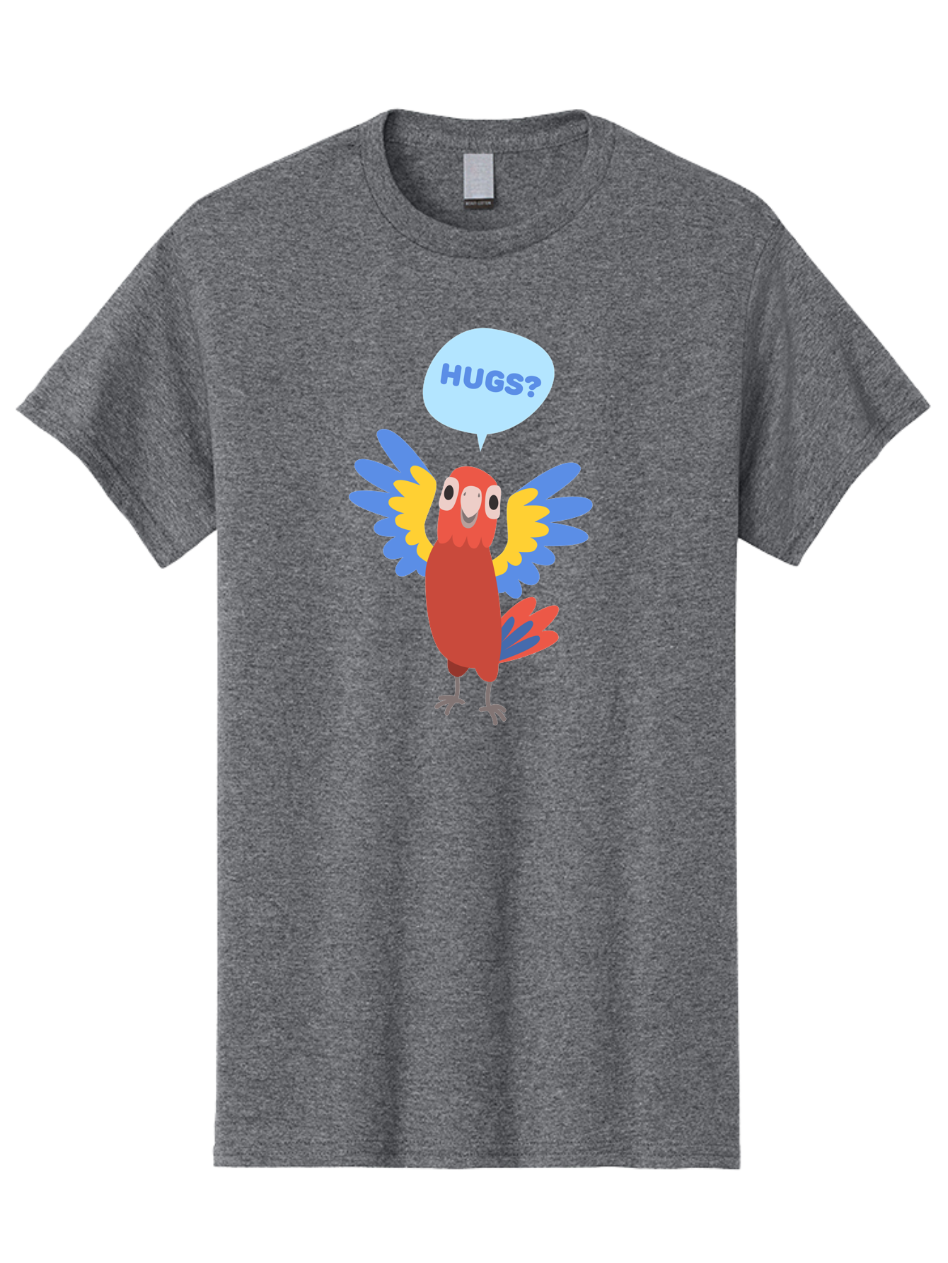 Hugs Men'S Graphic Tee, 100% Cotton, Comfortable Casual Summer Wear, Machine Washable, Cartoon Parrot, Colorful Bird, Hugs, Cute Animal, Funny Illustration, Red Parrot, Blue And Yellow Wings, Friendly Creature, Emotional Support, Aab833