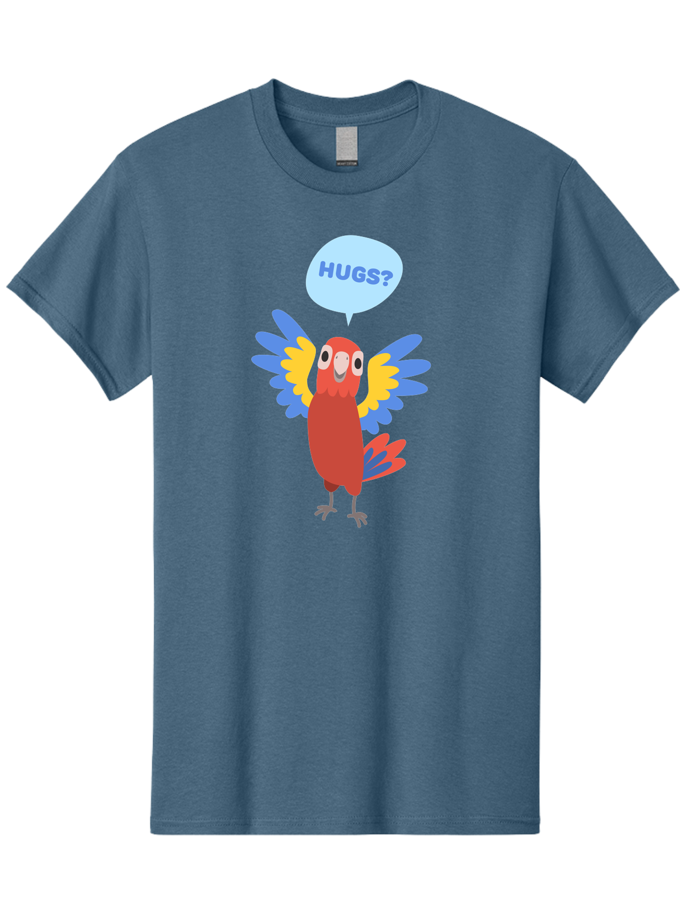 Hugs Men'S Graphic Tee, 100% Cotton, Comfortable Casual Summer Wear, Machine Washable, Cartoon Parrot, Colorful Bird, Hugs, Cute Animal, Funny Illustration, Red Parrot, Blue And Yellow Wings, Friendly Creature, Emotional Support, Aab833