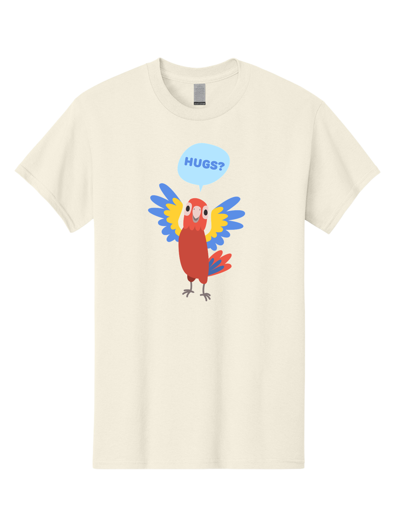 Hugs Men'S Graphic Tee, 100% Cotton, Comfortable Casual Summer Wear, Machine Washable, Cartoon Parrot, Colorful Bird, Hugs, Cute Animal, Funny Illustration, Red Parrot, Blue And Yellow Wings, Friendly Creature, Emotional Support, Aab833