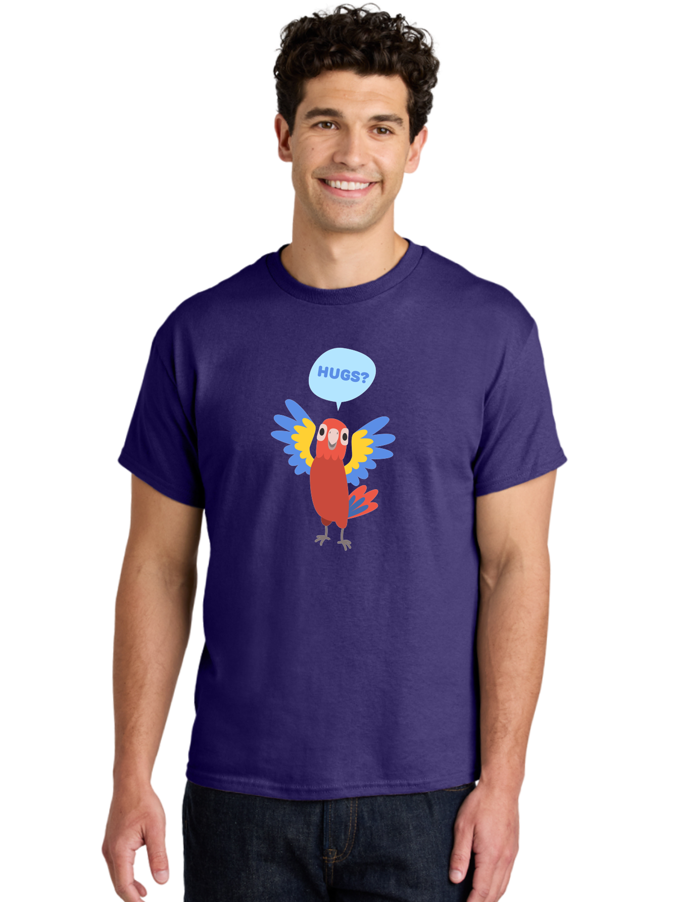 Hugs Men'S Graphic Tee, 100% Cotton, Comfortable Casual Summer Wear, Machine Washable, Cartoon Parrot, Colorful Bird, Hugs, Cute Animal, Funny Illustration, Red Parrot, Blue And Yellow Wings, Friendly Creature, Emotional Support, Aab833