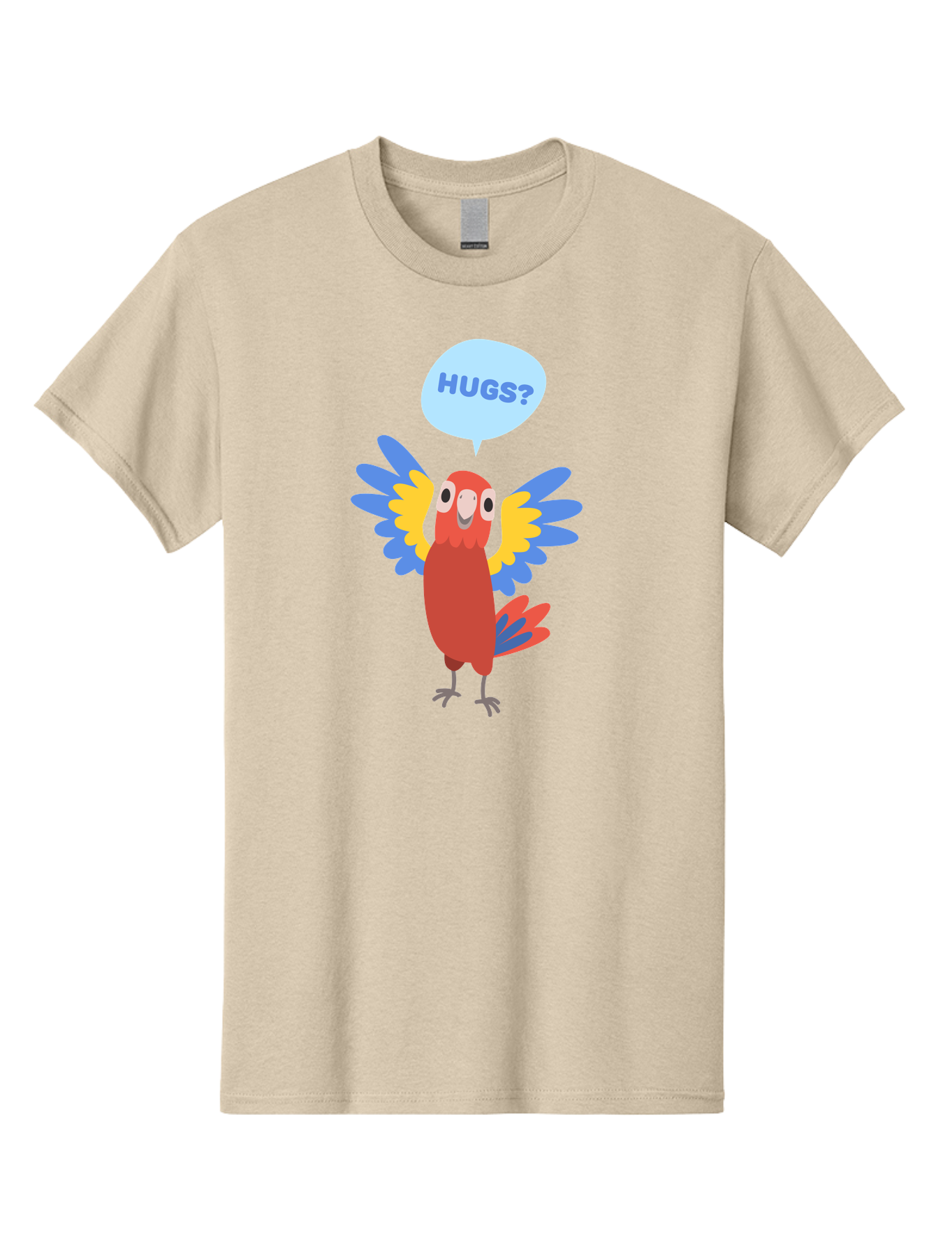 Hugs Men'S Graphic Tee, 100% Cotton, Comfortable Casual Summer Wear, Machine Washable, Cartoon Parrot, Colorful Bird, Hugs, Cute Animal, Funny Illustration, Red Parrot, Blue And Yellow Wings, Friendly Creature, Emotional Support, Aab833