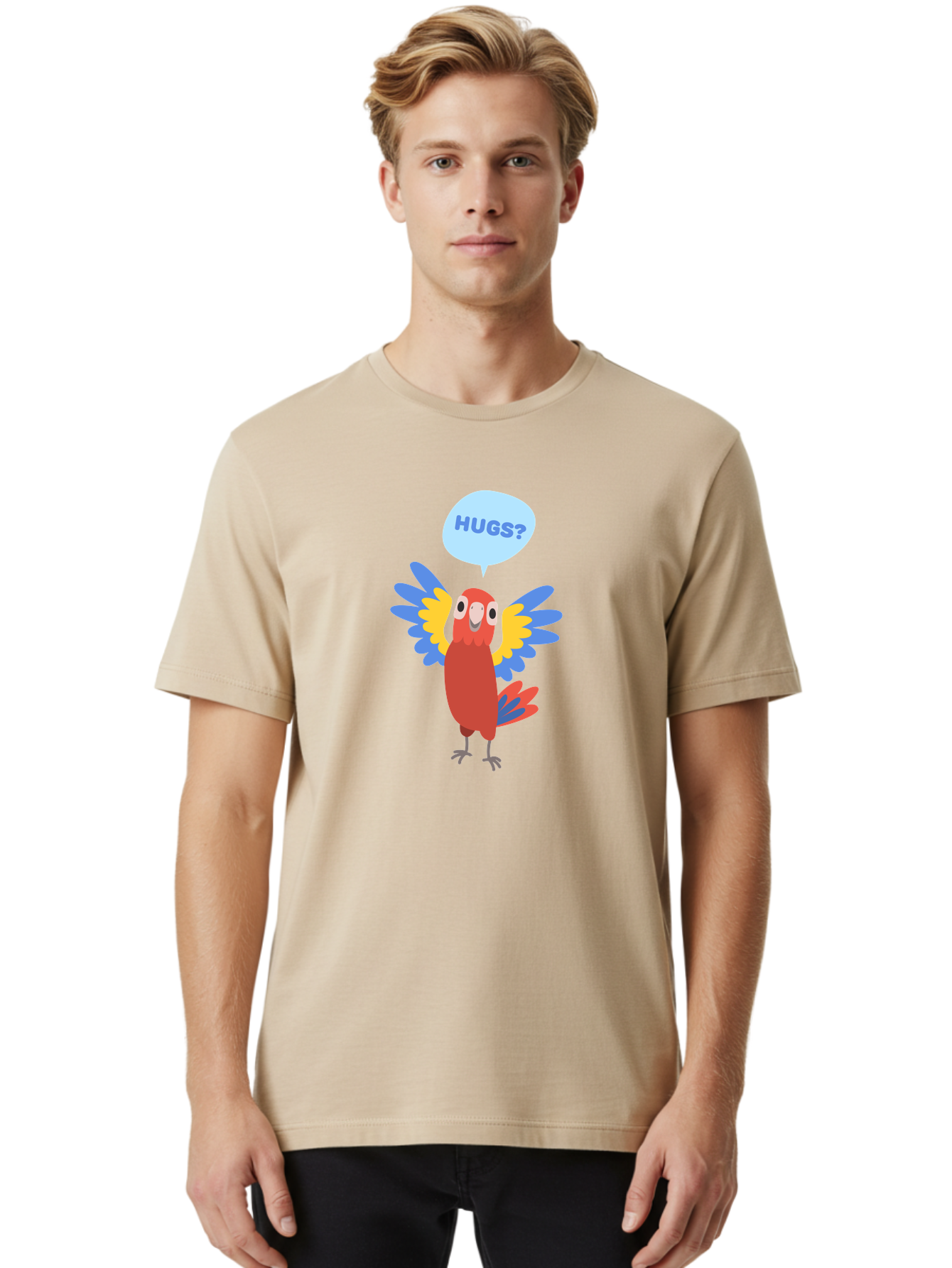 Hugs Men'S Graphic Tee, 100% Cotton, Comfortable Casual Summer Wear, Machine Washable, Cartoon Parrot, Colorful Bird, Hugs, Cute Animal, Funny Illustration, Red Parrot, Blue And Yellow Wings, Friendly Creature, Emotional Support, Aab833