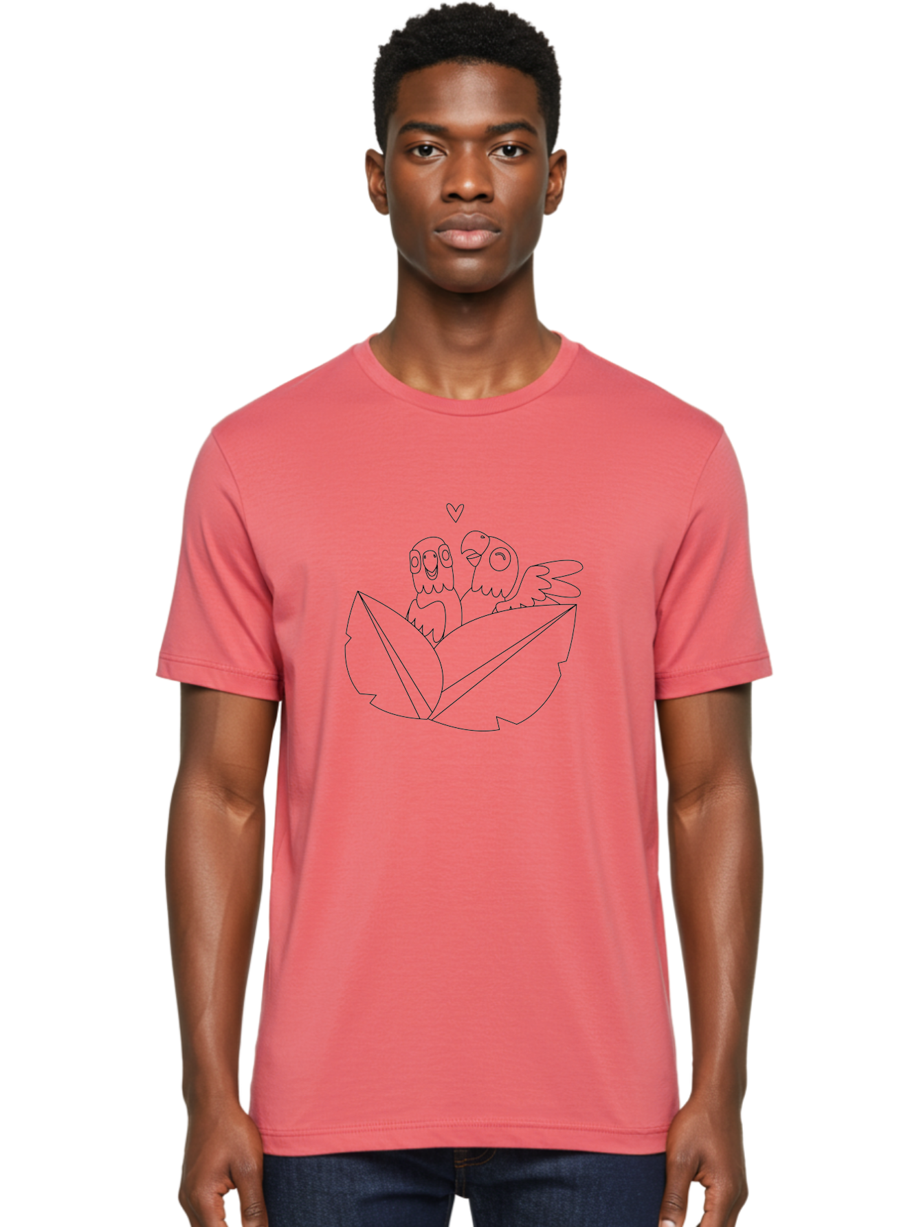 Love-Birds-1 Men'S Graphic Tee, 100% Cotton, Comfortable Casual Summer Wear, Machine Washable, Two Birds Perched On Leaves, Love Heart Symbol, Adorable Cartoon Birds, Sweet Couple, Tender Moment, Lovable Animals, Coloring Page Art Aab834