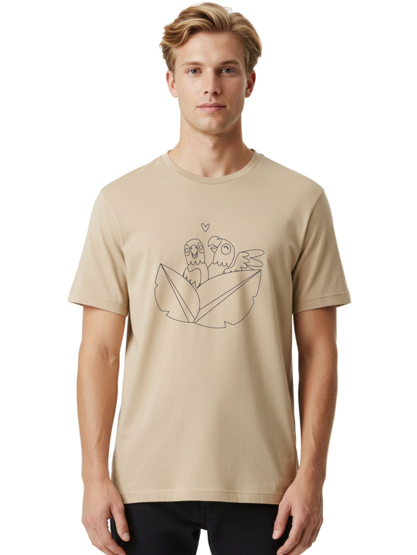 Love-Birds-1 Men'S Graphic Tee, 100% Cotton, Comfortable Casual Summer Wear, Machine Washable, Two Birds Perched On Leaves, Love Heart Symbol, Adorable Cartoon Birds, Sweet Couple, Tender Moment, Lovable Animals, Coloring Page Art Aab834