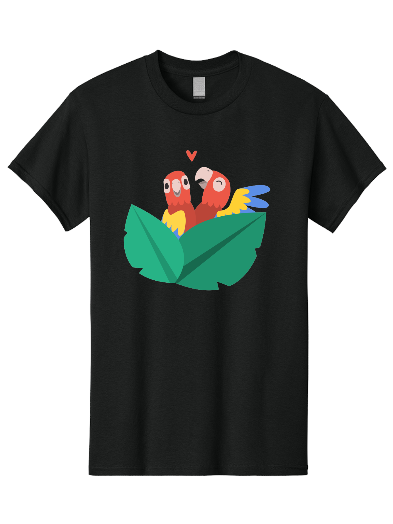 Love-Birds Men'S Graphic Tee, 100% Cotton, Comfortable Casual Summer Wear, Machine Washable, Cartoon Parrots, Red Parrots, Bird Couple, Love Birds, Tropical Birds, Colorful Feathers, Green Leaves, Red Heart, Yellow Beaks, Blue Wings Aab835