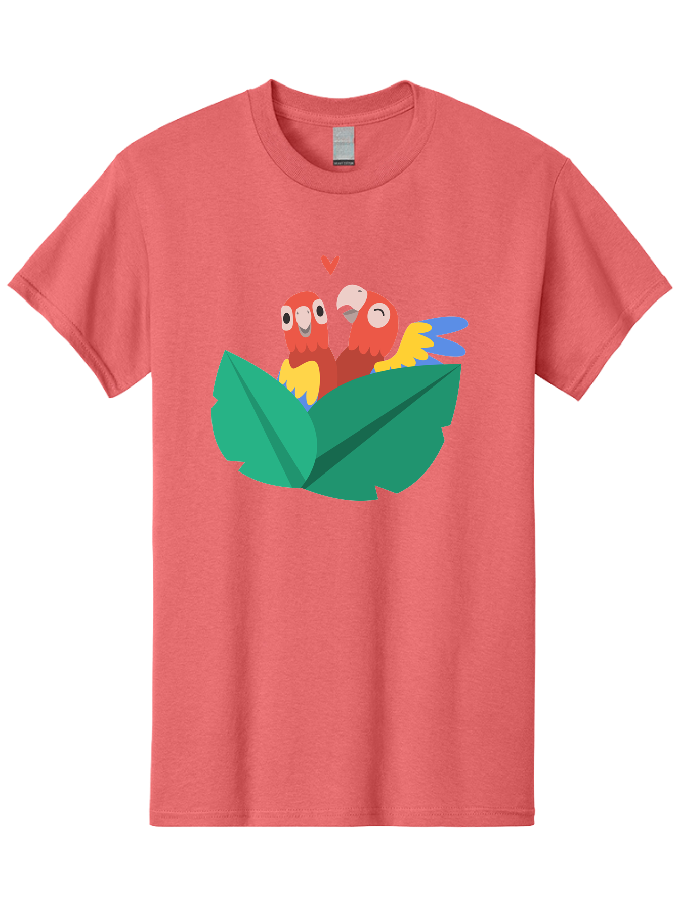Love-Birds Men'S Graphic Tee, 100% Cotton, Comfortable Casual Summer Wear, Machine Washable, Cartoon Parrots, Red Parrots, Bird Couple, Love Birds, Tropical Birds, Colorful Feathers, Green Leaves, Red Heart, Yellow Beaks, Blue Wings Aab835
