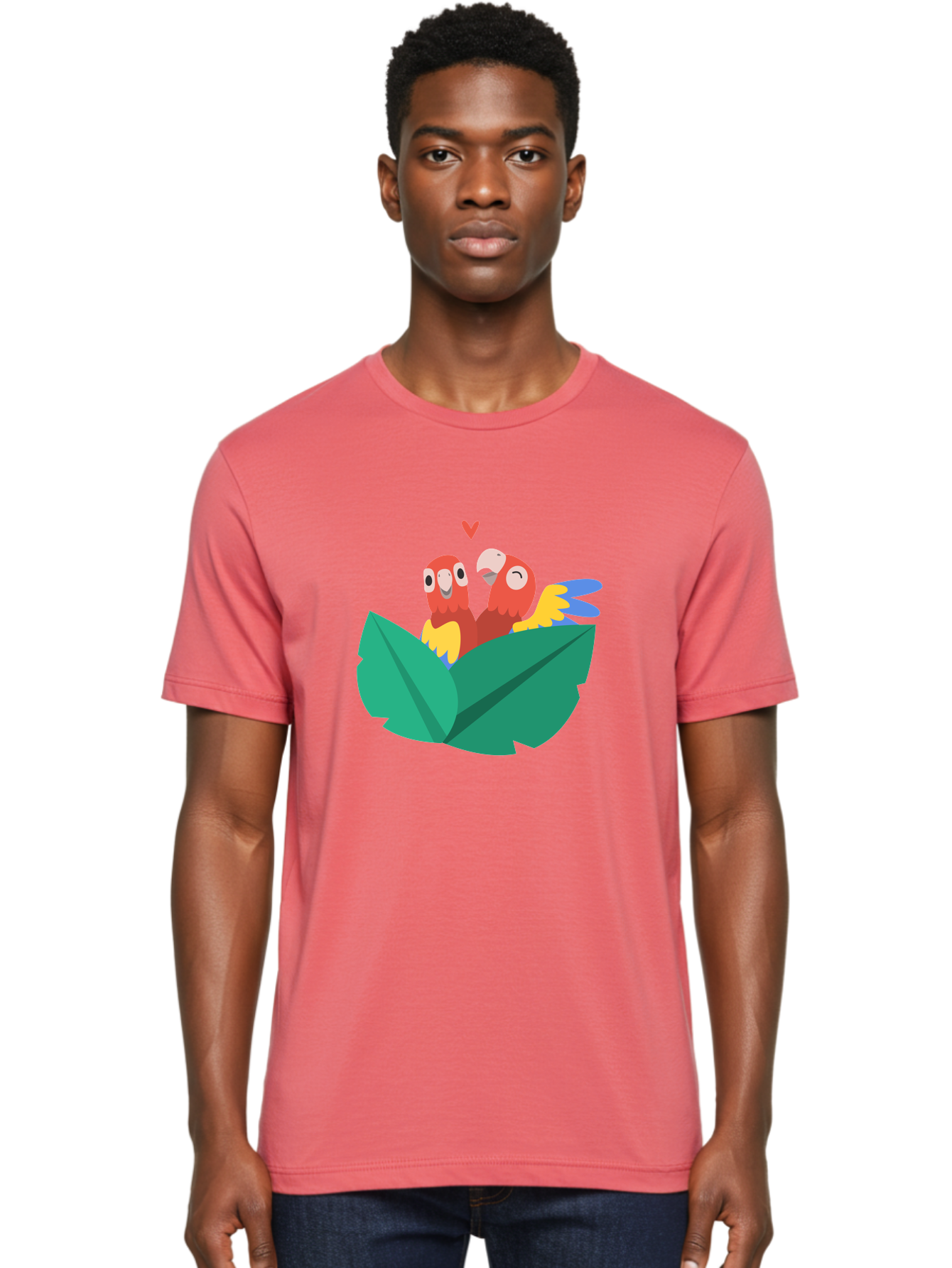 Love-Birds Men'S Graphic Tee, 100% Cotton, Comfortable Casual Summer Wear, Machine Washable, Cartoon Parrots, Red Parrots, Bird Couple, Love Birds, Tropical Birds, Colorful Feathers, Green Leaves, Red Heart, Yellow Beaks, Blue Wings Aab835