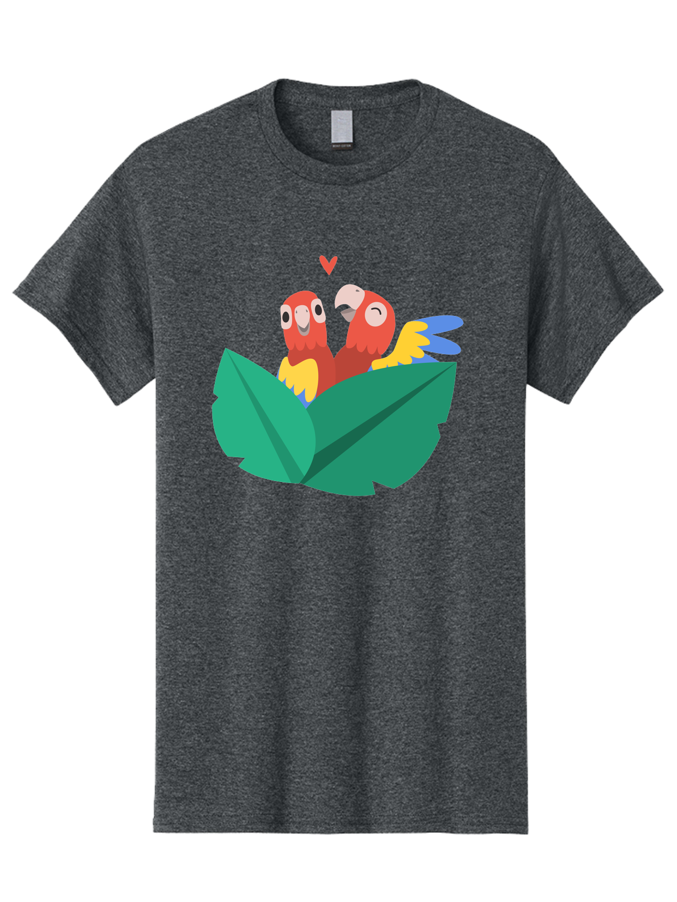 Love-Birds Men'S Graphic Tee, 100% Cotton, Comfortable Casual Summer Wear, Machine Washable, Cartoon Parrots, Red Parrots, Bird Couple, Love Birds, Tropical Birds, Colorful Feathers, Green Leaves, Red Heart, Yellow Beaks, Blue Wings Aab835