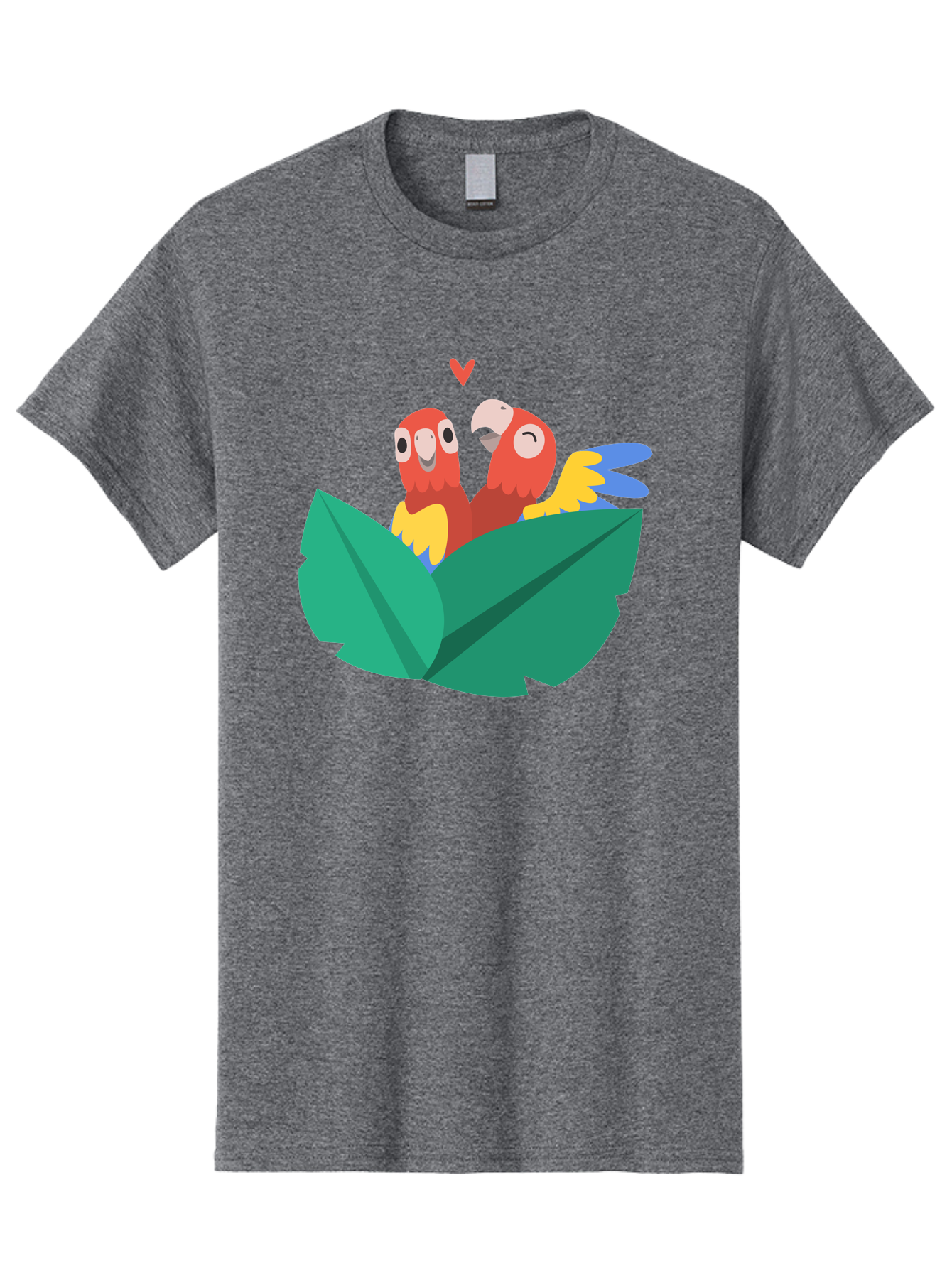 Love-Birds Men'S Graphic Tee, 100% Cotton, Comfortable Casual Summer Wear, Machine Washable, Cartoon Parrots, Red Parrots, Bird Couple, Love Birds, Tropical Birds, Colorful Feathers, Green Leaves, Red Heart, Yellow Beaks, Blue Wings Aab835