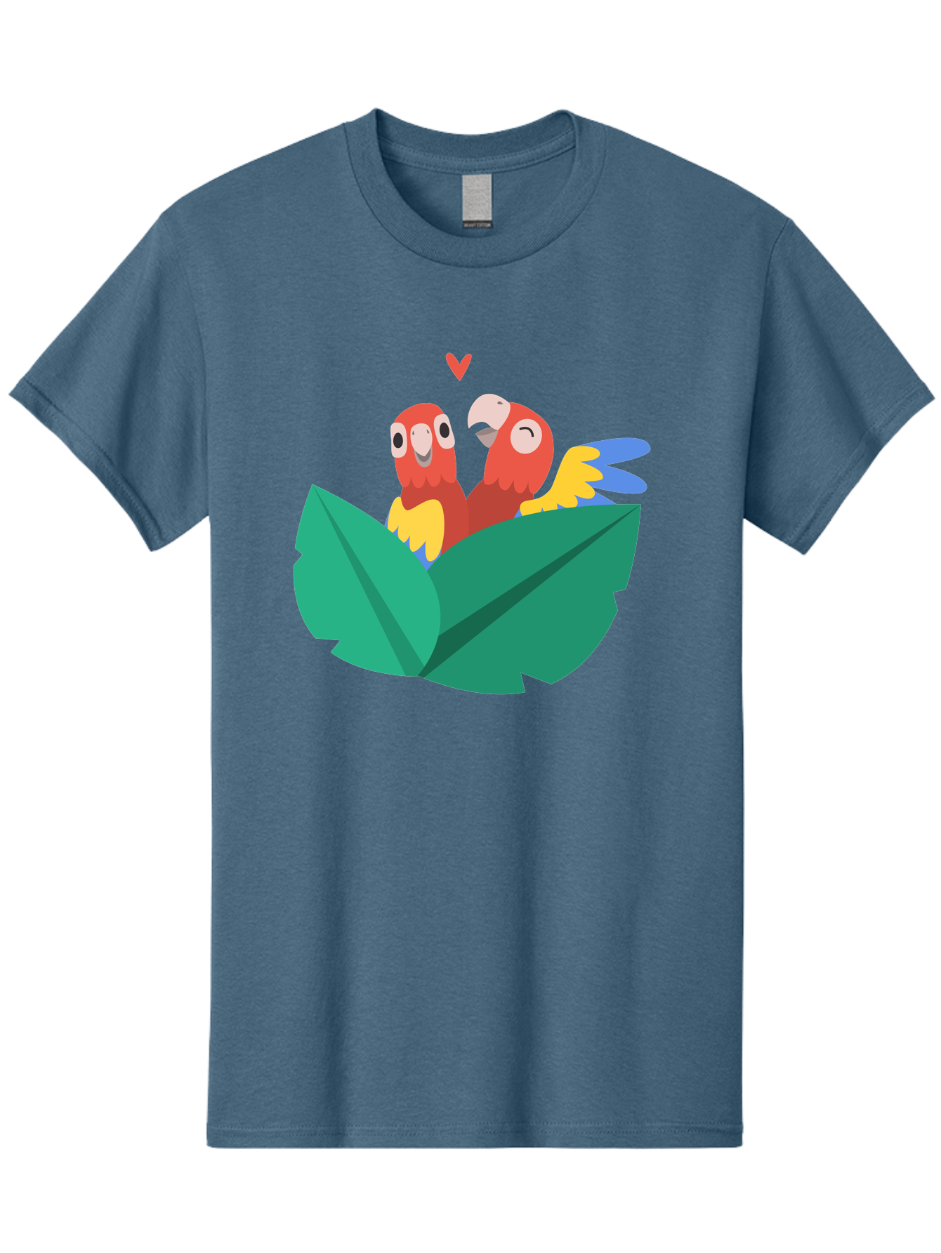 Love-Birds Men'S Graphic Tee, 100% Cotton, Comfortable Casual Summer Wear, Machine Washable, Cartoon Parrots, Red Parrots, Bird Couple, Love Birds, Tropical Birds, Colorful Feathers, Green Leaves, Red Heart, Yellow Beaks, Blue Wings Aab835