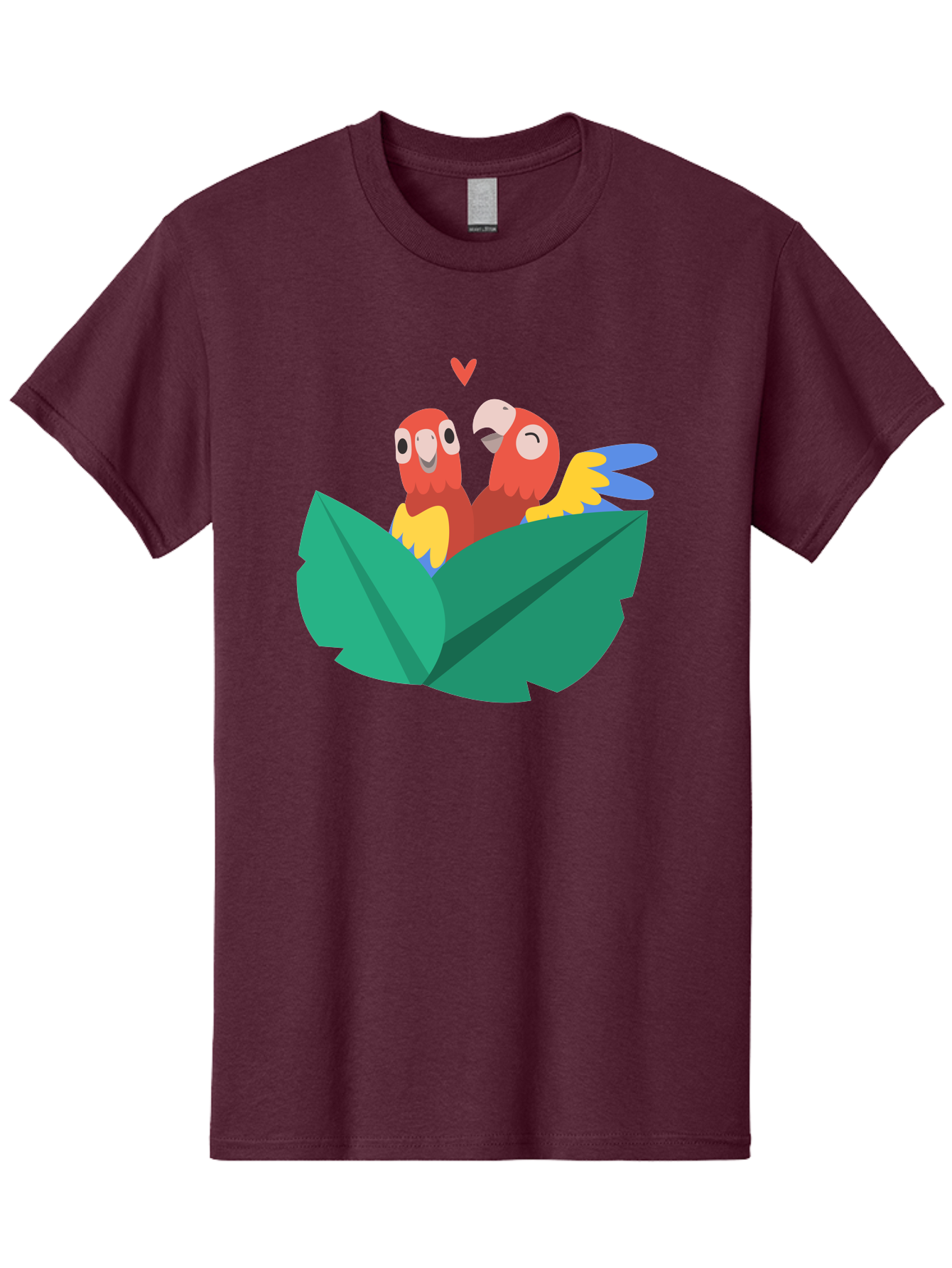 Love-Birds Men'S Graphic Tee, 100% Cotton, Comfortable Casual Summer Wear, Machine Washable, Cartoon Parrots, Red Parrots, Bird Couple, Love Birds, Tropical Birds, Colorful Feathers, Green Leaves, Red Heart, Yellow Beaks, Blue Wings Aab835