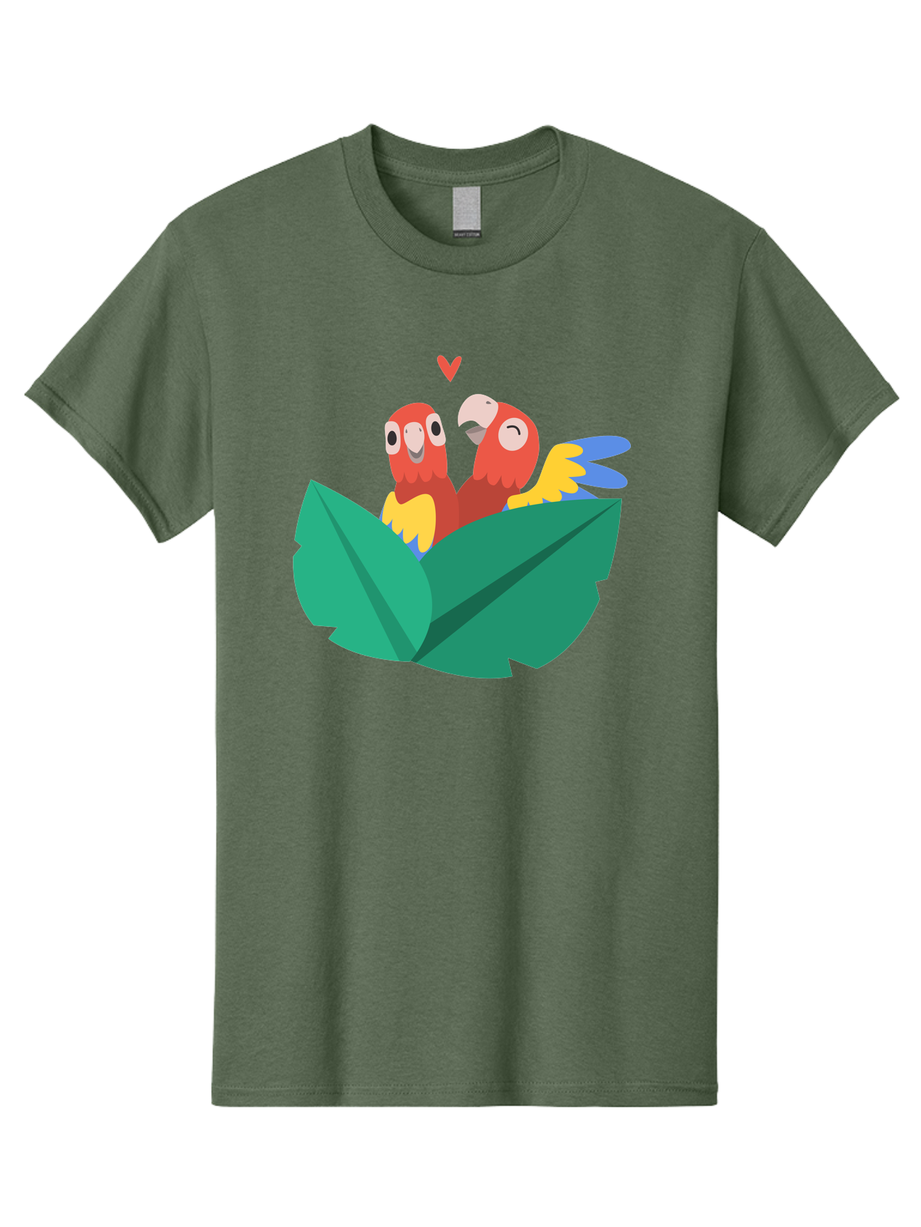 Love-Birds Men'S Graphic Tee, 100% Cotton, Comfortable Casual Summer Wear, Machine Washable, Cartoon Parrots, Red Parrots, Bird Couple, Love Birds, Tropical Birds, Colorful Feathers, Green Leaves, Red Heart, Yellow Beaks, Blue Wings Aab835